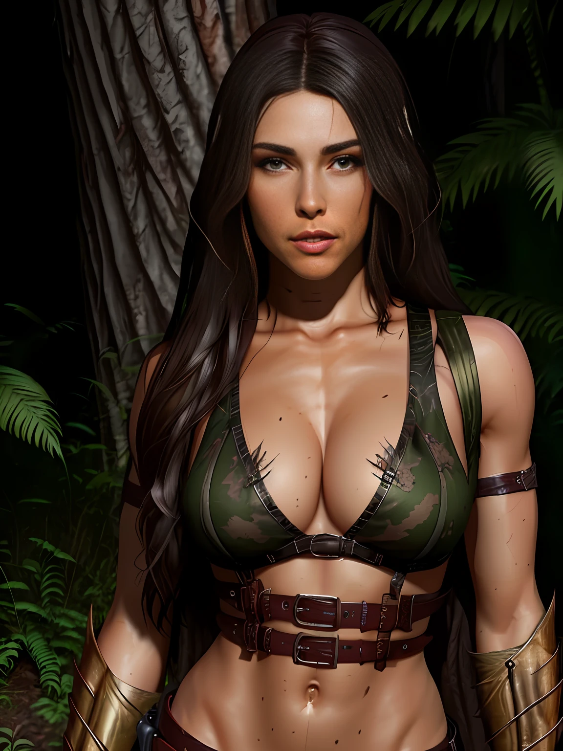 half body angle,cave background,chiaroscuro lighting, Rembrandt lighting, female hunter, Wearing jungle clothing, with totem painted on face and arms, exposed midriff, brown long hair, appropriate muscle definition,set on the ground, heroic posture, realistic style,(8k, RAW photo, best quality, masterpiece:1.2), abs, (realistic:1.3), (real skin details:1.3),(photorealistic:1.3), detailed facial features, ultra-detailed, Masterpiece, realistic lighting, best quality, masterpiece,best quality,extremely detailed CG unity 8k wallpaper,on artstation