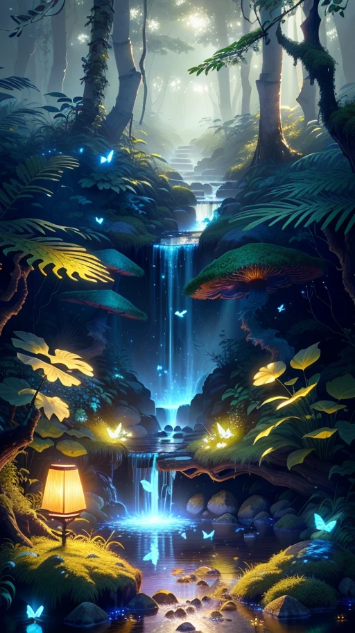 Masterpiece, best quality, (highly detailed CG unity 8k wallpapers), (best quality), (best illustrations), (best shadows), forest theme with natural elements. Tall trees, quiet streams, small glowing mushrooms surrounded by delicate leaves and branches, with fireflies and glowing particle effects,, (natural elements), (jungle theme), (leaves), (twigs), (fireflies), butterflies, (delicate leaves), (glow), (particle effects). , Isometric 3D, Octane Rendering, Ray Traced, Super Detailed