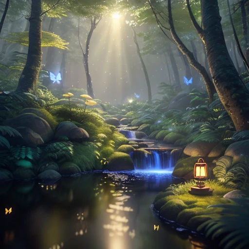 Masterpiece, best quality, (highly detailed CG unity 8k wallpapers), (best quality), (best illustrations), (best shadows), forest theme with natural elements. Tall trees, quiet streams, small glowing mushrooms surrounded by delicate leaves and branches, with fireflies and glowing particle effects,, (natural elements), (jungle theme), (leaves), (twigs), (fireflies), butterflies, (delicate leaves), (glow), (particle effects). , Isometric 3D, Octane Rendering, Ray Traced, Super Detailed