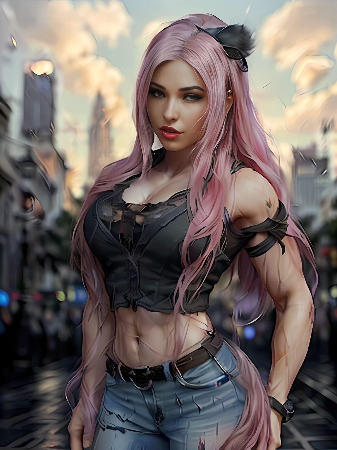 half body angle, city background, chiaroscuro lighting, Rembrandt lighting, business woman, exposed midriff, Wearing suit, pink long hair, appropriate muscle definition,set on the ground, heroic posture, realistic style,(8k, RAW photo, best quality, masterpiece:1.2), (realistic:1.3), (real skin details:1.3),(photorealistic:1.3), detailed facial features, ultra-detailed, Masterpiece, realistic lighting, best quality, masterpiece,best quality,extremely detailed CG unity 8k wallpaper,on artstation