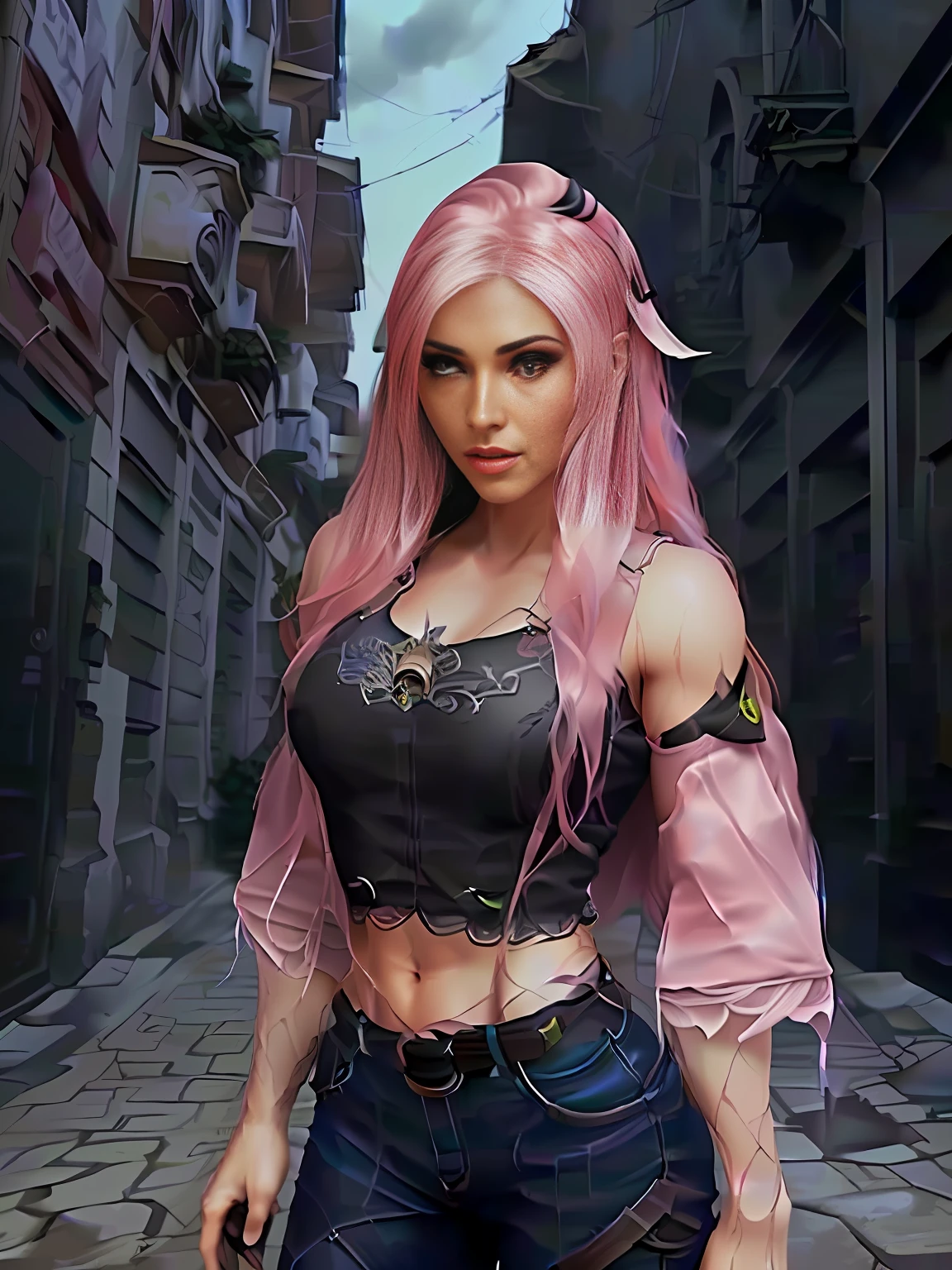 half body angle, city background, chiaroscuro lighting, Rembrandt lighting, business woman, exposed midriff, Wearing suit, pink long hair, appropriate muscle definition,set on the ground, heroic posture, realistic style,(8k, RAW photo, best quality, masterpiece:1.2), (realistic:1.3), (real skin details:1.3),(photorealistic:1.3), detailed facial features, ultra-detailed, Masterpiece, realistic lighting, best quality, masterpiece,best quality,extremely detailed CG unity 8k wallpaper,on artstation