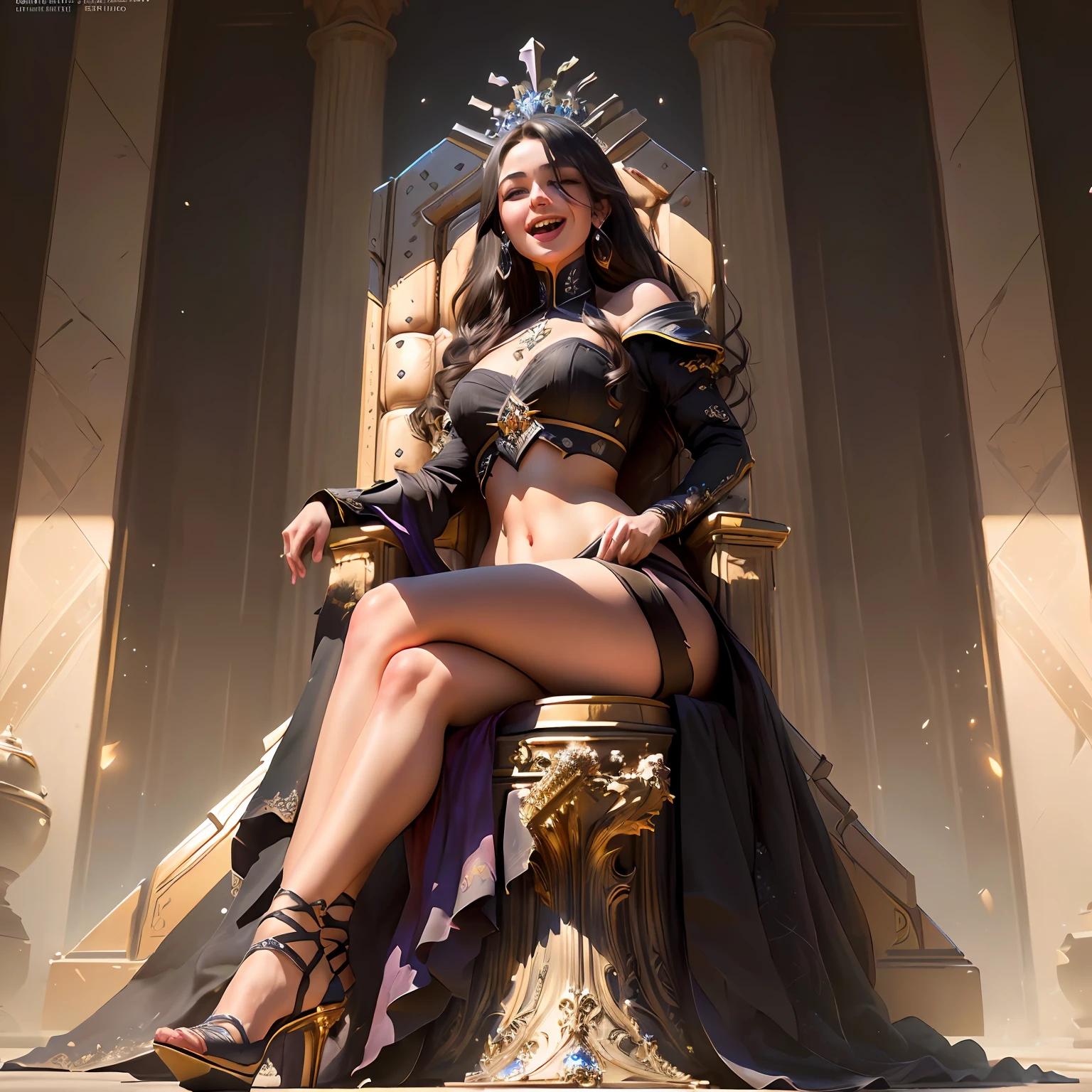 Highly detailed RAW color Photo, woman sitting on throne, black dress, high heels, laughing, (wide hips), (detailed skin), (detailed lips), (detailed eyes), (throne_room:1.4), (detailed face), brunette, (curvy), midriff exposed, (laughing:1.2), detailed eyes, chromatic aberration, depth of field, soft lighting, masterpiece, best quality, intricate, (bloom:0.7), (from below:1.3), low angle, particle effects, raytracing, tone mapped, highly detailed, concept art, smooth, sharp focus, dramatic lighting, highly detailed artwork, cinematic, hyper realistic painting, trending on Artstation, 8K, incredible shadows, realistic, (highly detailed background:1.2), art by midjourney