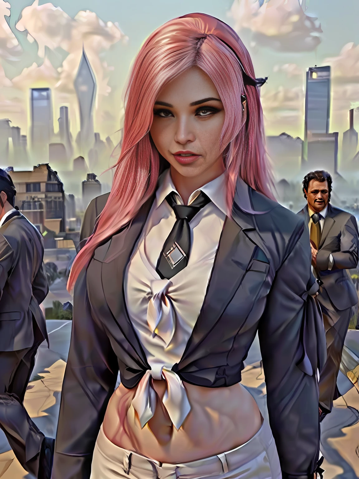 half body angle, city background, chiaroscuro lighting, Rembrandt lighting, business woman, exposed midriff, Wearing (suit_and_tie:1.6), pink long hair, appropriate muscle definition,set on the ground, heroic posture, realistic style,(8k, RAW photo, best quality, masterpiece:1.2), (realistic:1.3), (real skin details:1.3),(photorealistic:1.3), detailed facial features, ultra-detailed, Masterpiece, realistic lighting, best quality, masterpiece,best quality,extremely detailed CG unity 8k wallpaper,on artstation