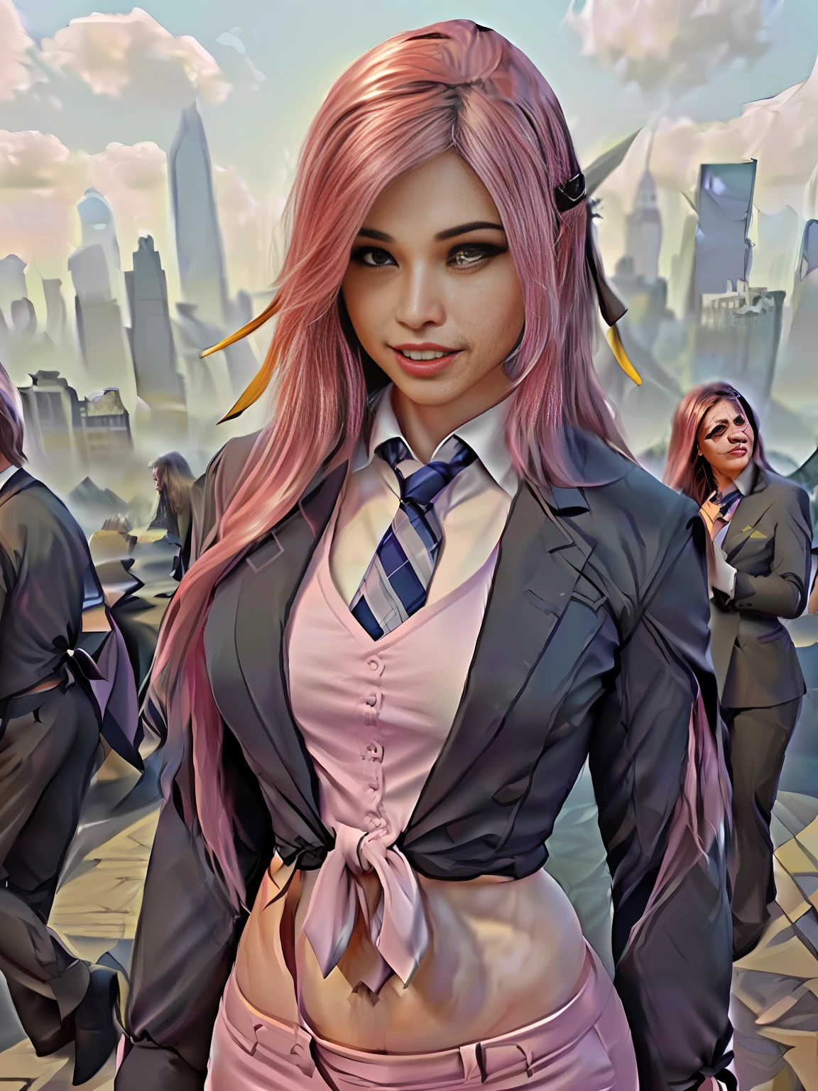 half body angle, city background, chiaroscuro lighting, Rembrandt lighting, business woman, exposed midriff, Wearing (suit_and_tie:1.6), sitting on throne, laughing, pink long hair, appropriate muscle definition,set on the ground, heroic posture, realistic style,(8k, RAW photo, best quality, masterpiece:1.2), (realistic:1.3), (real skin details:1.3),(photorealistic:1.3), detailed facial features, ultra-detailed, Masterpiece, realistic lighting, best quality, masterpiece,best quality,extremely detailed CG unity 8k wallpaper,on artstation