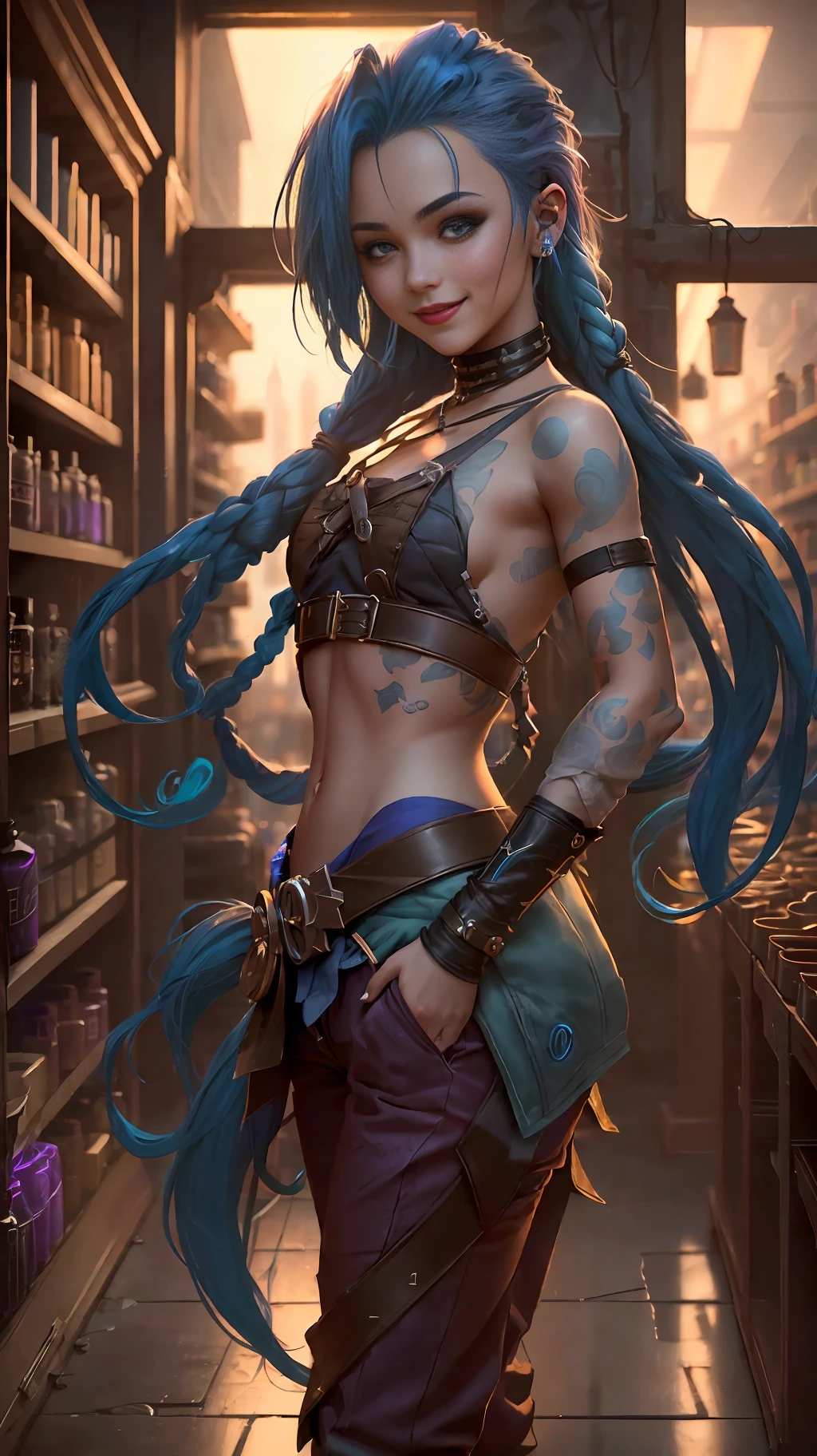 (very_detailed:1.4), photography of jinxlol, (18 years old:1.3), dynamic_pose, erotic, full_body_shot, (blue hair bowing in the wind:1.2), (smiling:1.2), insane_expression, flat chest, small breasts, breasts visible, (short linen pants), (brown pants), ammo belt, (in a potion shop, crowded shelfs, dim light falling through window), dark theme, AETHERPUNK, intricate, highly_detailed, professional, arcane style, hd, 8k, cinematic lighting, cinematic,