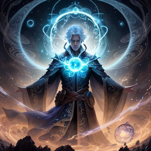 A fantastical scene with a sorcerer surrounded by swirling orbs of magical energy, evoking the power and mystery of arcane forces, with a sense of danger and excitement, Illustration, ink and watercolor on paper, --ar 16:9 --v 5