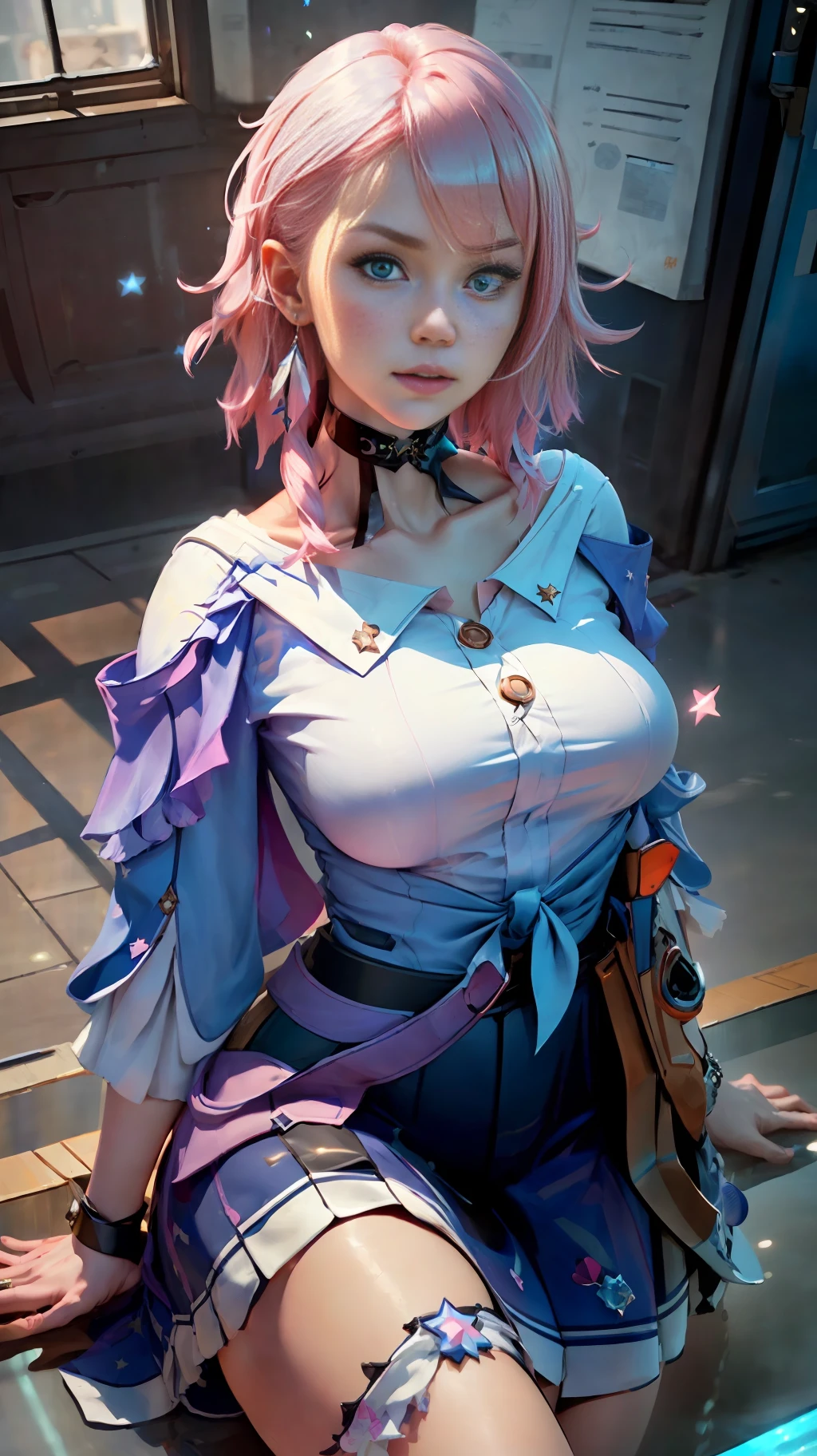 masterpiece, (photorealistic:1.5), best quality, beautiful lighting, real life, march 7th \(honkai: star rail\), 1girl, solo, (pink hair), blue skirt, blue shirt, white shirt, blue eyes, medium hair, blush, breasts, looking at viewer, small breasts, star earrings, intricate, high detail, sharp focus, dramatic, beautiful girl , (RAW photo, 8k uhd, film grain), caustics, subsurface scattering, reflections
