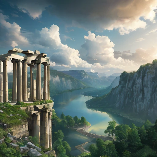 Masterpiece, best quality, high quality, extremely detailed CG unity 8k wallpaper, landscape, ancient ruins background, city ruins in the background, ruins, gigantic pillars, ruins landscape, ancient marble city, greek-esque columns and ruins, ancient city ruins, outdoor, sky, cloud, sky, no humans, mountain, landscape, water, tree, blue sky, waterfall, cliff, nature, lake, river , cloudy skies, award winning photography, bokeh, depth of field, HDR, bloom, chromatic aberration, photorealism, very detailed, intricate, high detail, dramatic, midjourney art