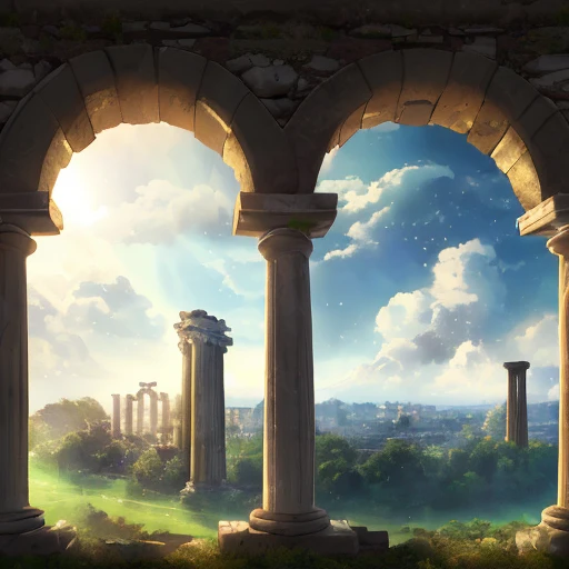 Masterpiece, best quality, high quality, extremely detailed CG unity 8k wallpaper, landscape, ancient ruins background, city ruins in the background, ruins, gigantic pillars, ruins landscape, ancient marble city, greek-esque columns and ruins, ancient city ruins, outdoor, sky, cloud, sky, no humans, mountain, landscape, tree, blue sky, cliff, nature, cloudy skies, award winning photography, bokeh, depth of field, HDR, bloom, chromatic aberration, photorealism, high detail, dramatic, midjourney art, anime style