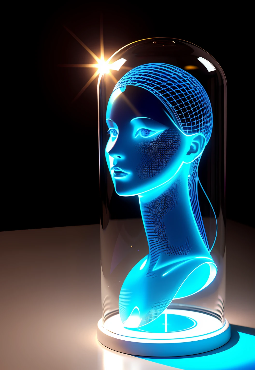 Glass carving artwork, transparent glass in the shape of a girl, 70% transparency, desk, light passing through the glass, 3D ray tracing, game engine rendering