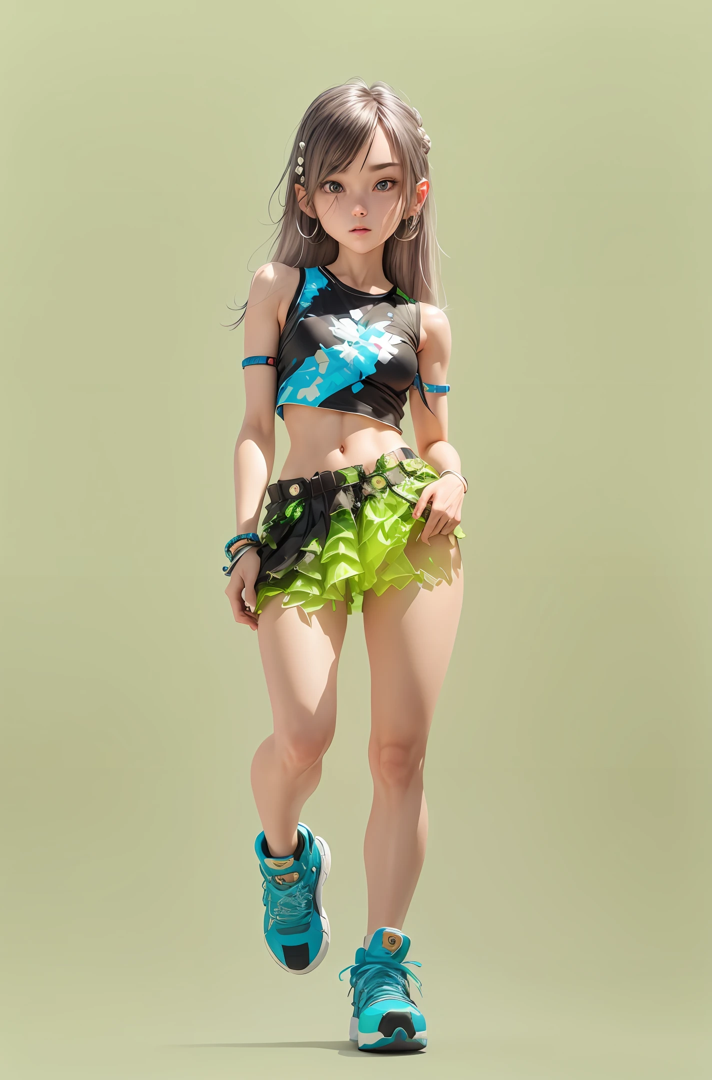 crop top, bare arms, (shoulders: 1.9), long hair, pure white background,Kpop idol, short sleeve t-shirt, hip hop pants, colorful, full body, wearing sneakers, beautiful eyes, glitter, accessories, c4d, blender, pretty face, interference film, full body, pretty eyes, beautiful eyes, accessories, human art, character concept design, beautiful, white background, masterpiece, high quality , High resolution {beautiful detailed eyes: 1.4}, (ultra-fine detail), (extremely detailed, beautiful: 1.2), (exquisite beauty, cute face: 1.3), glowing eyes