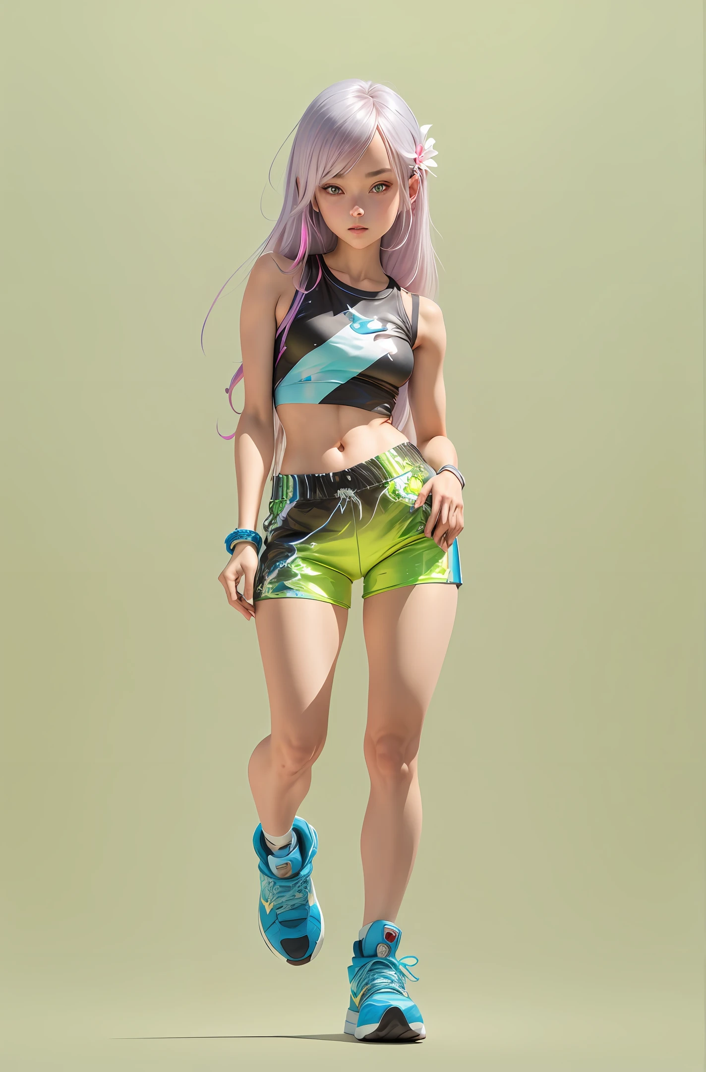 crop top, bare arms, (shoulders: 1.9), long hair, pure white background,Kpop idol, short sleeve t-shirt, hip hop pants, colorful, full body, wearing sneakers, beautiful eyes, glitter, accessories, c4d, blender, pretty face, interference film, full body, pretty eyes, beautiful eyes, accessories, human art, character concept design, beautiful, white background, masterpiece, high quality , High resolution {beautiful detailed eyes: 1.4}, (ultra-fine detail), (extremely detailed, beautiful: 1.2), (exquisite beauty, cute face: 1.3), glowing eyes