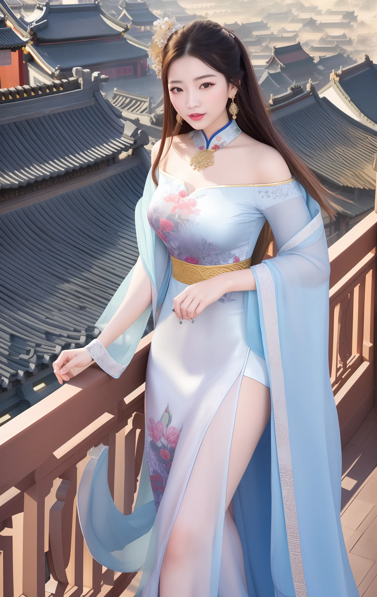 best quality, masterpiece, highres, 1girl,china dress,Beautiful face,
hair ornament, solo,looking at viewer,smile,closed mouth,lips,
china dress,dress,hair ornament, necklace, jewelry, long hair, earrings, chinese clothes,
architecture,east asian architecture,building,outdoors,rooftop,city,cityscape