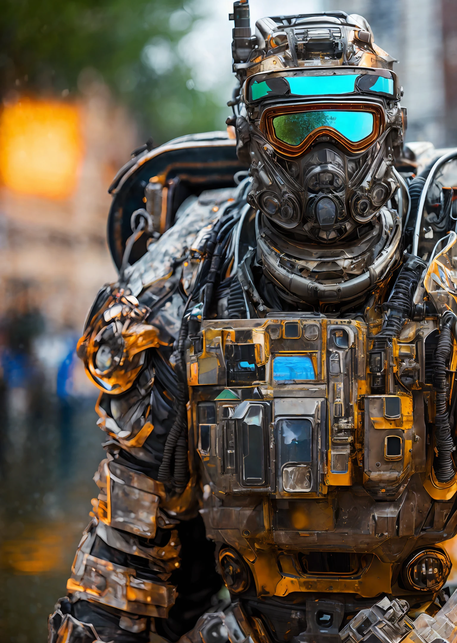 Portrait photo of transparent camo worn mech suit, ((light bokeh)), intricate, ((translucent) liquid water [rust]), elegant, sharp focus, photo by greg rutkowski, soft lighting, vibrant colors, masterpiece, ((streets)), detailed face