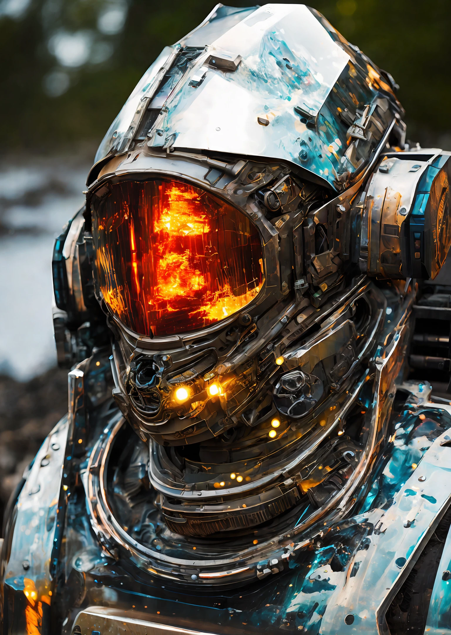 Portrait photo of transparent camo worn mech suit, ((light bokeh)), intricate, ((translucent) liquid water [rust]), elegant, sharp focus, photo by greg rutkowski, soft lighting, vibrant colors, masterpiece, ((streets)), detailed face