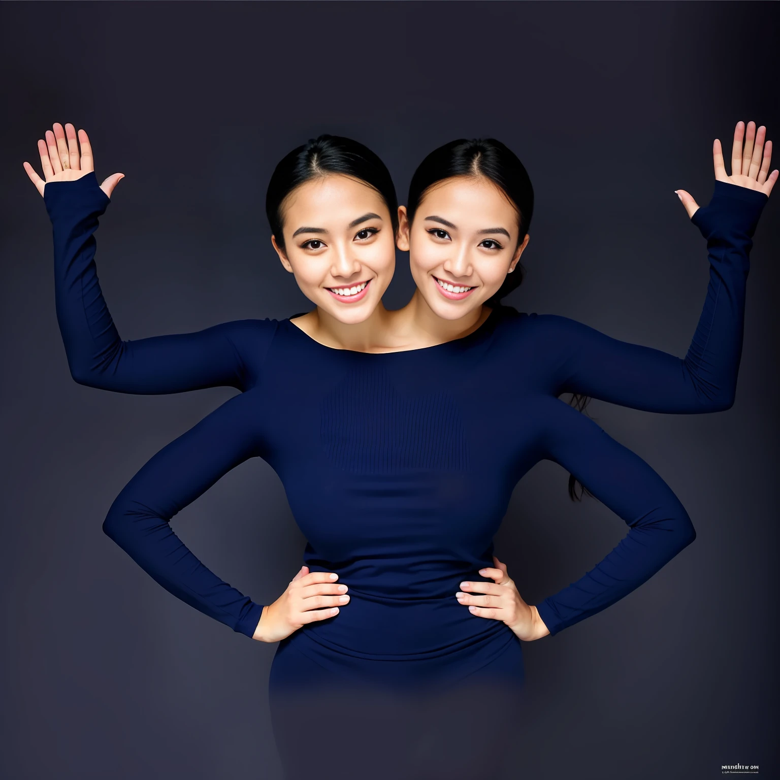2heads, Extra arms, a woman posing for a picture, blue sweater, curvy arms, incredibly beautiful, strong pose, very beautiful, arms to the side, 4 arms and 2 legs!, curvy arms, multiple arms, armpits fused to shoulders, normal hands, slender body, identical faces, 21 years old, upper body shoot, asian