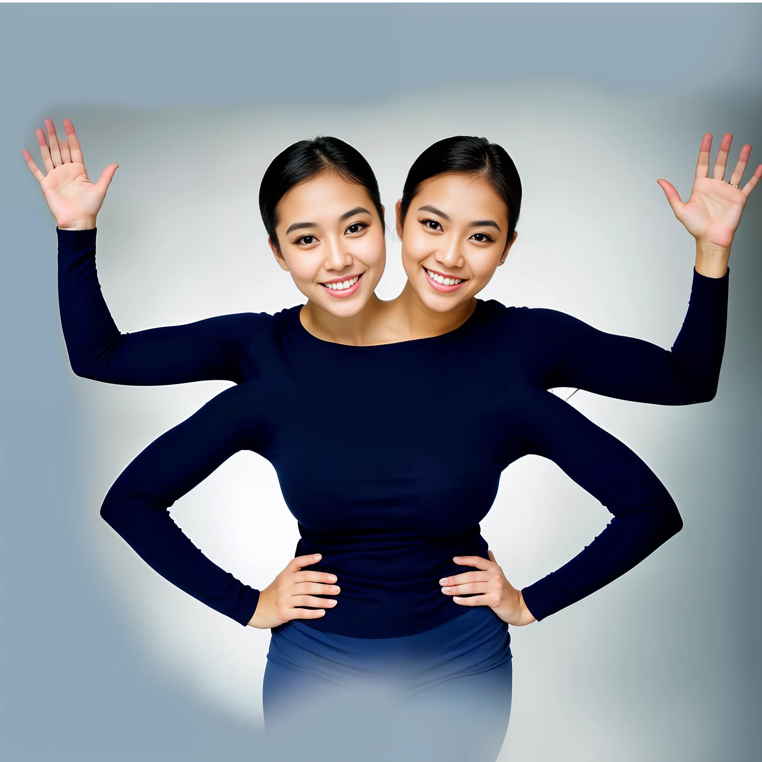 2heads, Extra arms, a woman posing for a picture, blue sweater, curvy arms, incredibly beautiful, strong pose, very beautiful, arms to the side, 4 arms and 2 legs!, curvy arms, multiple arms, armpits fused to shoulders, normal hands, slender body, identical faces, 21 years old, upper body shoot, asian