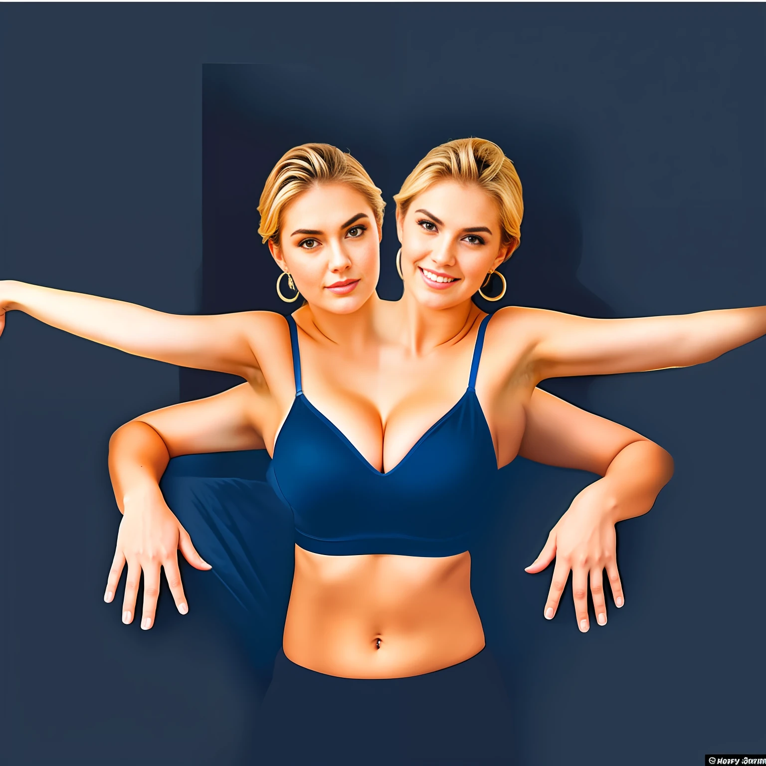 2heads, Extra arms, a woman posing for a picture, blue bra, curvy arms, incredibly beautiful, strong pose, very beautiful, arms to the side, 4 arms and 2 legs!, curvy arms, multiple arms, armpits fused to shoulders, normal hands, slender body, identical faces, 21 years old, upper body shoot, kate upton