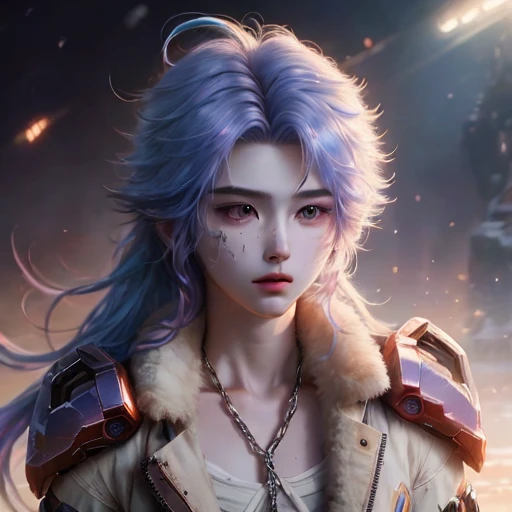 High quality, masterpiece, masterpiece, exquisite facial features, exquisite hair, exquisite eyes, messy hair, exquisite colored hair, anime hero, 4k quality, gorgeous light and shadow, Tyndall effect, halo , messy hair, immature, gorgeous scenes, delicate clothes, chains, feathers,