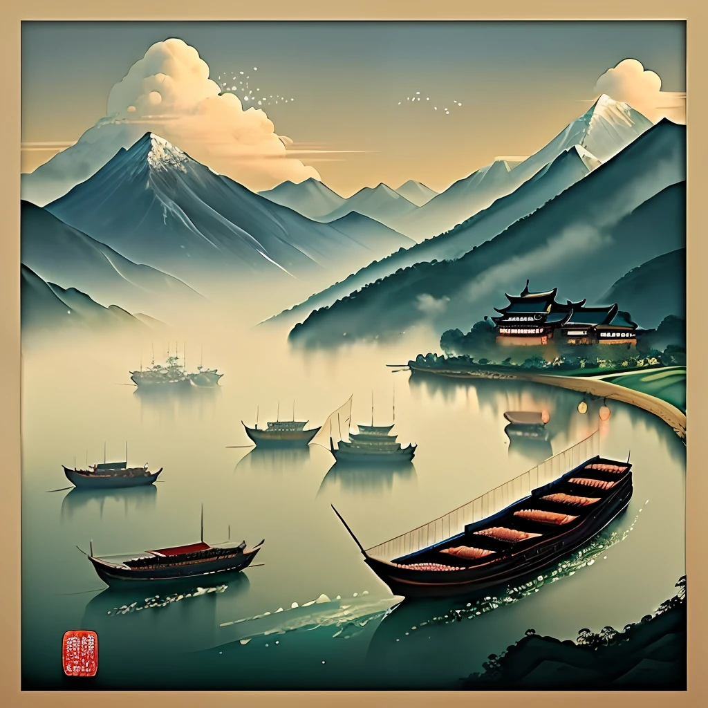Chinese calligraphy festival with boats and mountains, Chinese watercolor style, poster background, noise texture style, new country style, poster illustration, Chinese style painting, fairy tale style background, dragon boat background