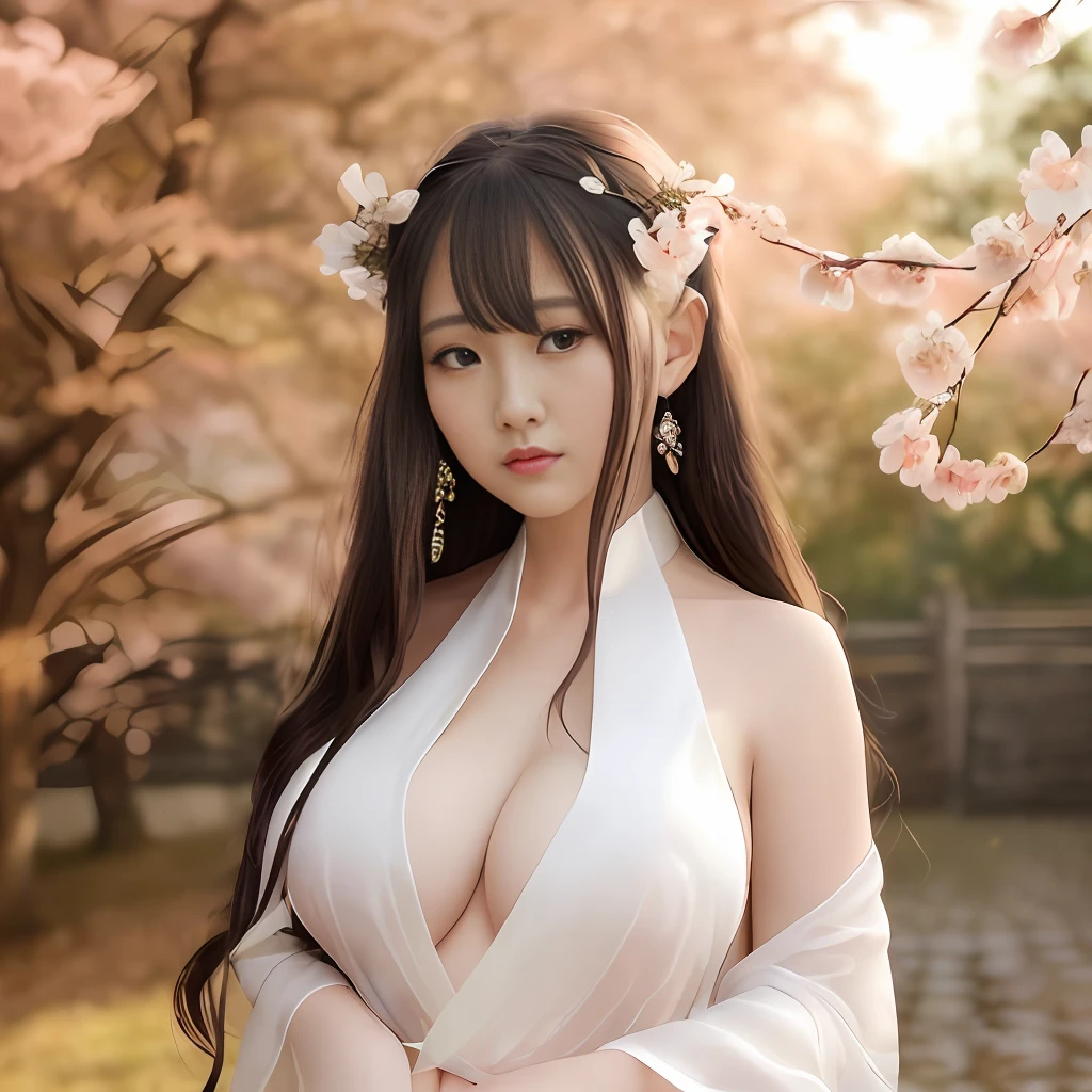 looking at viewer,cinematic light, ultra high res, 8k uhd, film grain, (large breasts:1.4), bangs, Girl Portrait, (Face: 1.2), Floating Hair, Wind, Cloud, Sunshine, Movie Light, Bangs, Face Closeup, Sky Background, Oil Painting Texture, Clear Hair, Light Hair, Flowers, Girly, Smiling Face, Bright Eyes, Single Line shoulders, collarbone, shirt, autumn, bare shoulders, bare tree, black hair, branches, cherry blossoms, cleavage, coat, (robe: 1.21), collarbone, earrings, hair accessories, Hanfu, jewelry, lips, long hair, mid-chest , Sitting, Tassels, Tree, Wide Sleeves, See-Through Clothing, See-Through Clothing, Silk, wearing long Hanfu, song, willow in the background, shirt, NSFW:0.8, naughty face,((gorgeous Clothing)), ((royal textured Clothing)),