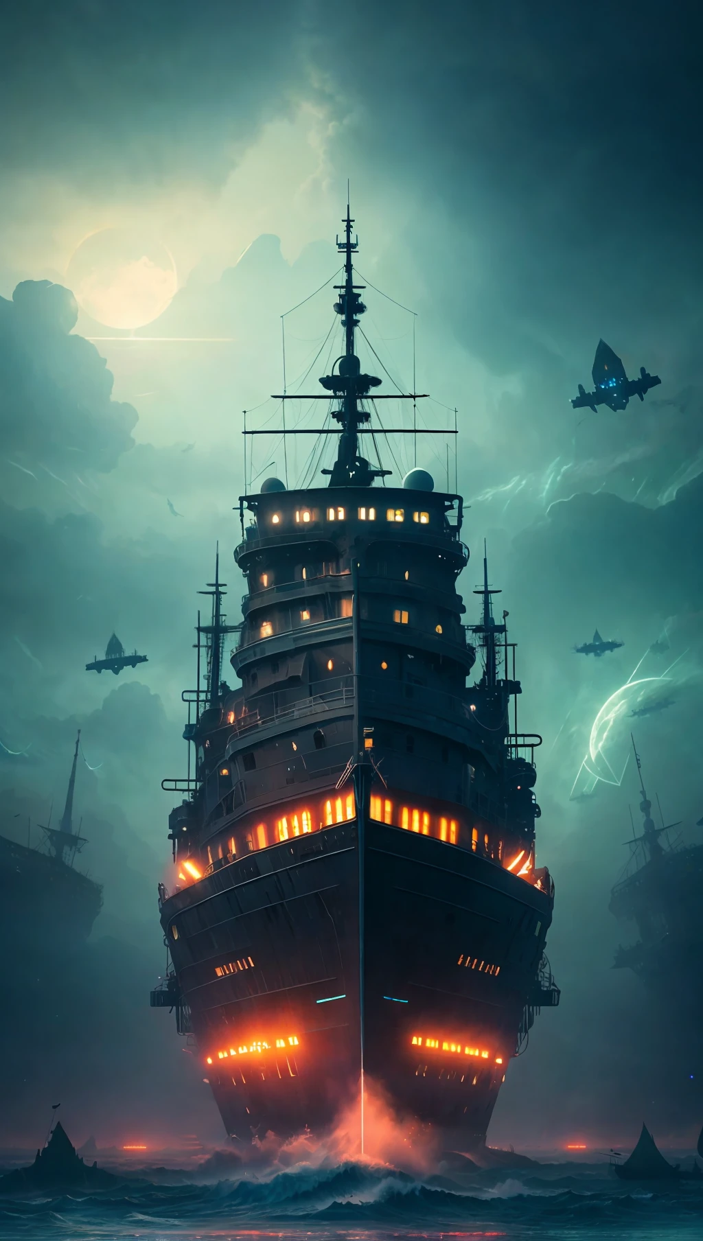 Ultra resolution 8K Illustration of a ghost ship might night, phantoms flying surround, scared, nightmare, hyper detailed, mysterious atmosphere, phantasmal figures, apocalyptic world, digital painting, fantasy, trending in artstation, cinematic lighting, surrealistic, science-fiction, ultra details, neon colors.