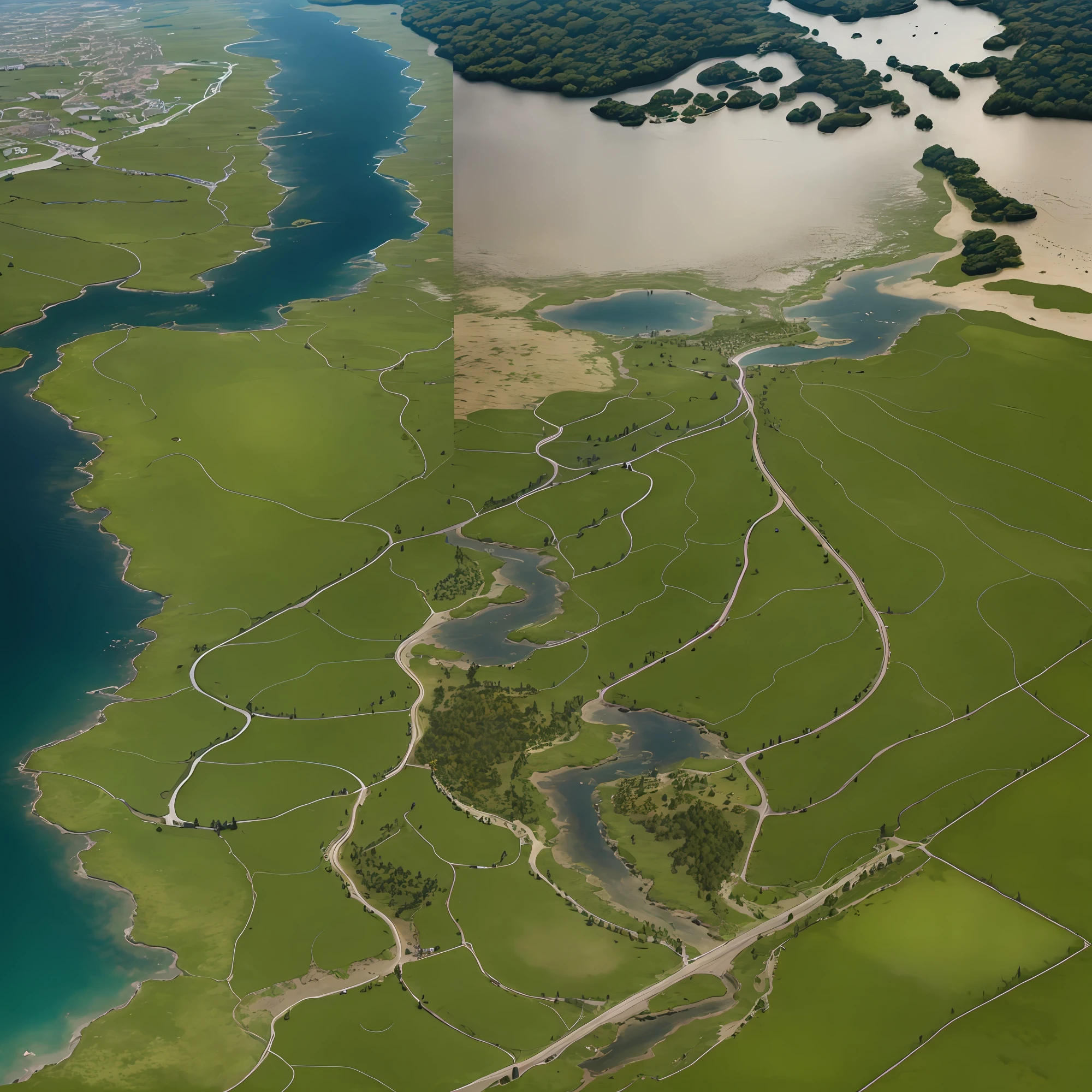 araffes in a field with a river and a forest, steam workshop maps, no trees, hyper detailed, zoom out very far, game map, grassy plains, coastline, highly detailed terrain, an expansive grassy plain, entire city visible, detailed scenery — Width 672, highly detailed maps, simple fantasy maps, r/battlemaps, detailed terrain, rock walls of river channels