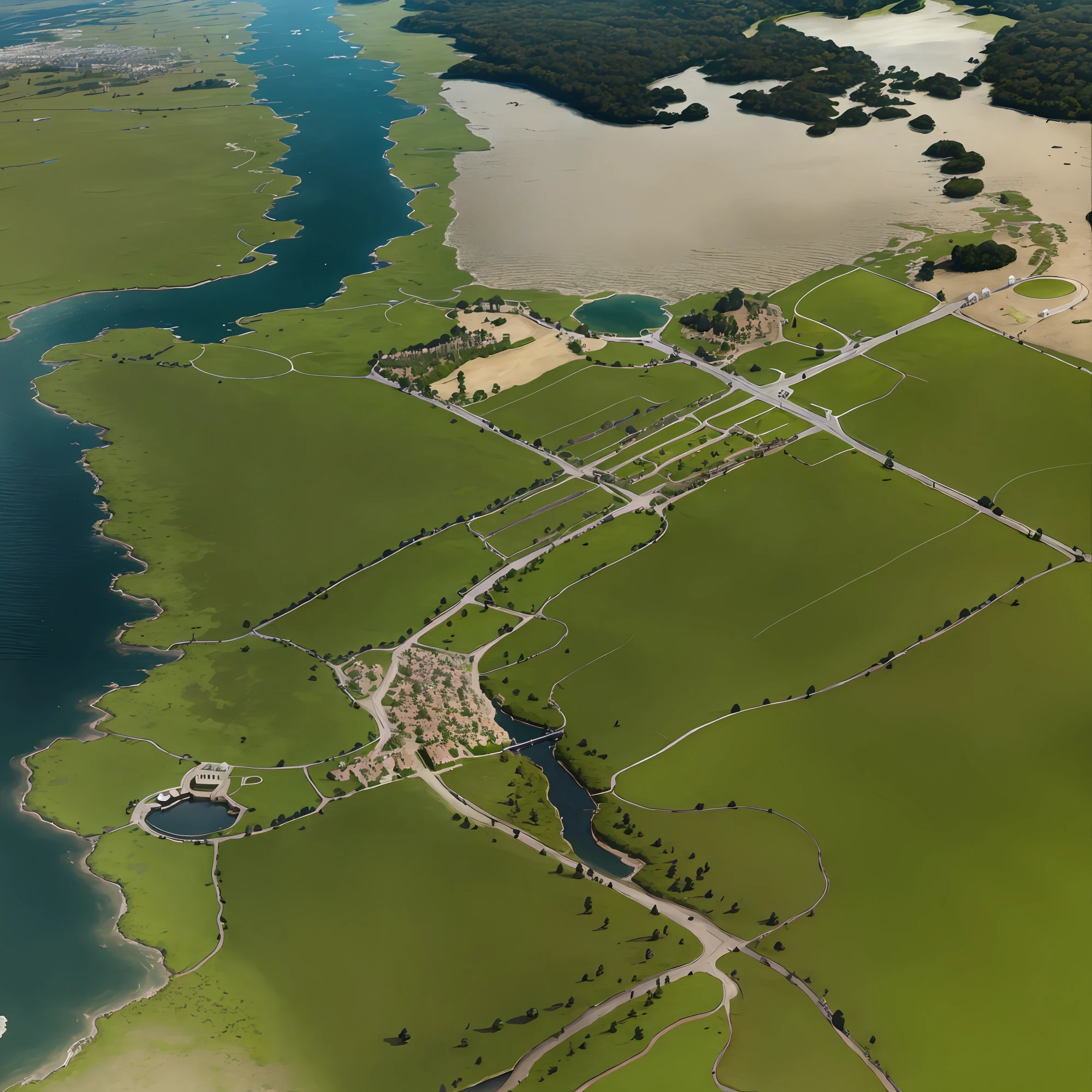 araffes in a field with a river and a forest, steam workshop maps, no trees, hyper detailed, zoom out very far, game map, grassy plains, coastline, highly detailed terrain, an expansive grassy plain, entire city visible, detailed scenery — Width 672, highly detailed maps, simple fantasy maps, r/battlemaps, detailed terrain, rock walls of river channels