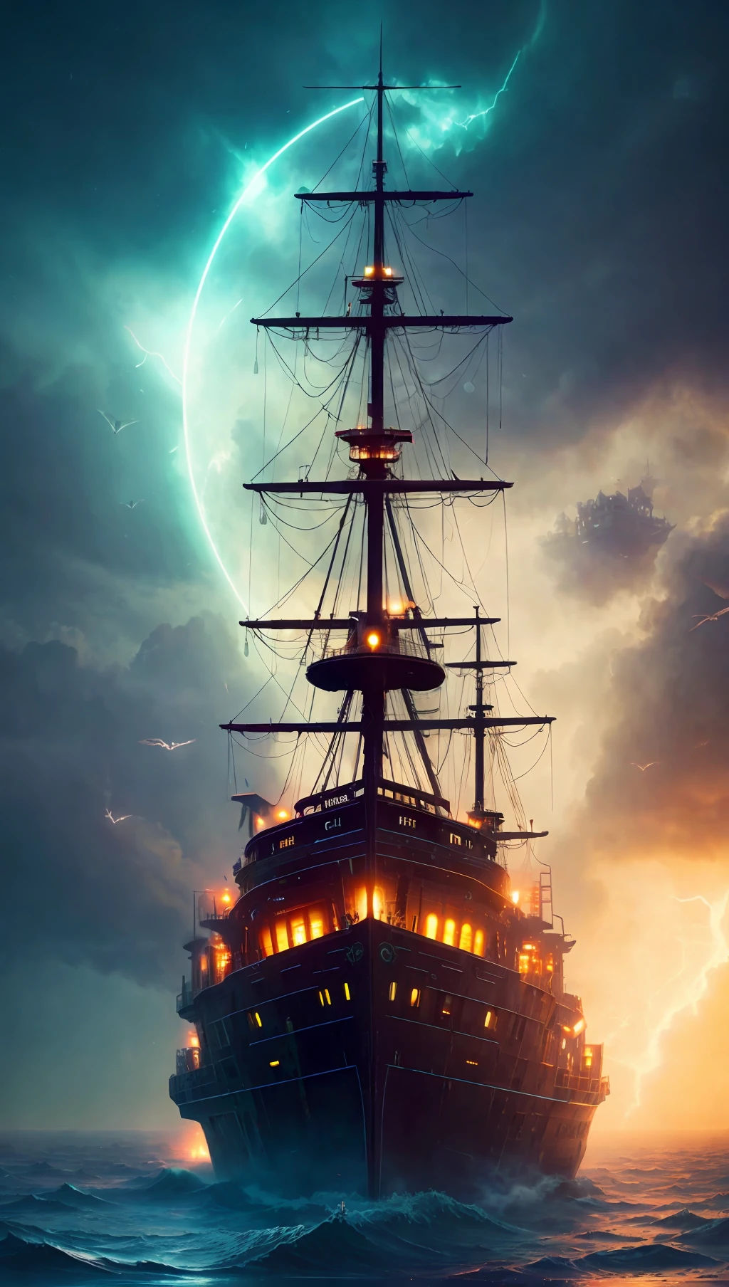 Ultra resolution 8K Illustration of a ghost ship might night, phantoms flying surround, scared, nightmare, hyper detailed, mysterious atmosphere, phantasmal figures, apocalyptic world, digital painting, fantasy, trending in artstation, cinematic lighting, surrealistic, science-fiction, ultra details, neon colors.