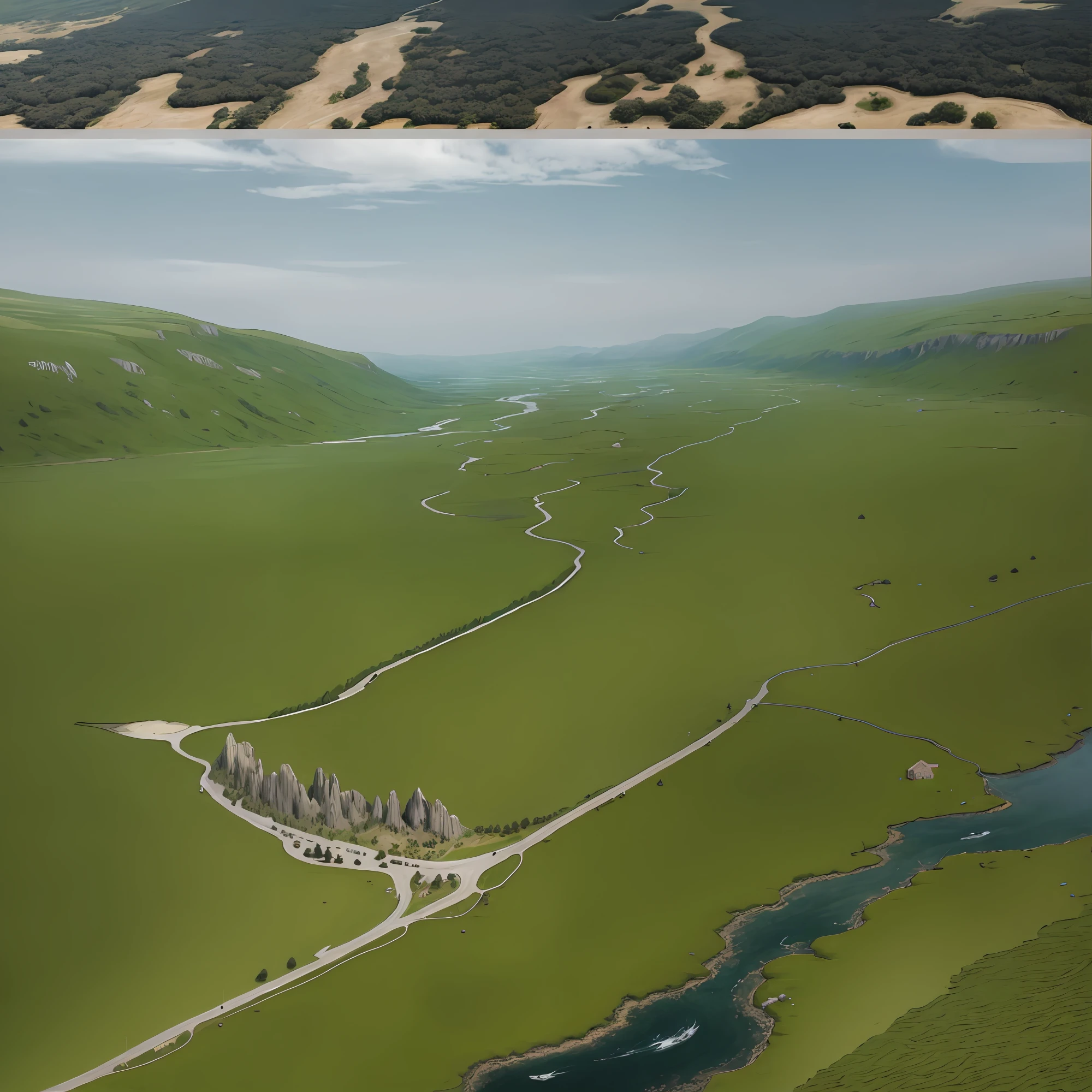 araffes in a field with a river and a forest, steam workshop maps, no trees, hyper detailed, zoom out very far, game map, grassy plains, coastline, highly detailed terrain, an expansive grassy plain, entire city visible, detailed scenery — Width 672, highly detailed maps, simple fantasy maps, r/battlemaps, detailed terrain, rock walls of river channels