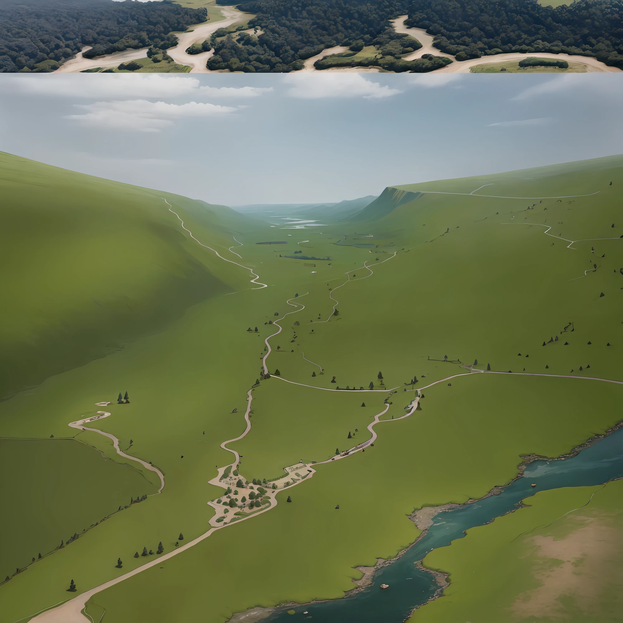 araffes in a field with a river and a forest, steam workshop maps, no trees, hyper detailed, zoom out very far, game map, grassy plains, coastline, highly detailed terrain, an expansive grassy plain, entire city visible, detailed scenery — Width 672, highly detailed maps, simple fantasy maps, r/battlemaps, detailed terrain, rock walls of river channels