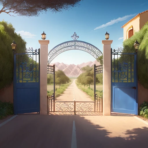 Two jujube trees, a gate, road, blue sky