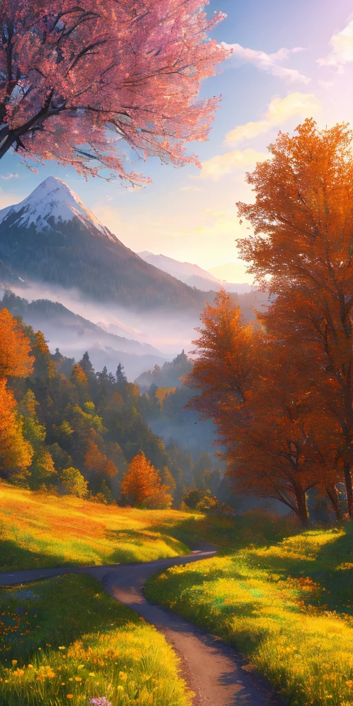 Masterpiece, best quality, high quality, highly detailed CG unity 8k wallpaper beautiful landscape oil painting, award winning photography, bokeh, depth of field, HDR, bloom, chromatic aberration, photorealism, highly detailed, trending on artstation, on CGsociety Trending, intricate, high detail, dramatic, midjourney art and masterpiece, best quality, high quality, extremely detailed CG unity 8k wallpaper lush summer landscape with rolling green hills stretching towards the horizon, dotted with pink, yellow wildflowers, and purple, volumetric lighting and a masterpiece, best quality, high quality, extremely detailed CG unity 8k wallpaper of a serene autumn landscape surrounded by trees in shades of golden yellow, fiery red and burnt orange. The crisp air is laced with the sweet aroma of fallen leaves and wood smoke. The ground is covered with a warm layer of leaves that rustle underfoot. In the distance, a misty mountain rises, volumetric lighting and masterpiece, best quality, high quality, extremely detailed CG unity 8k wallpaper breathtaking winter landscape covered in a snowy mantle creating a shimmering A world of glowing white and cool blue. Tall evergreen trees are tall and proud, their branches are crushed by heavy snow, volumetric lighting and masterpiece, best quality, high quality, extremely detailed CG unity 8k wallpaper a vibrant spring landscape full of new life and colors. Rolling hills covered in a green carpet, dotted with delicate wildflowers in shades of pink, purple and yellow, stereoscopic lighting