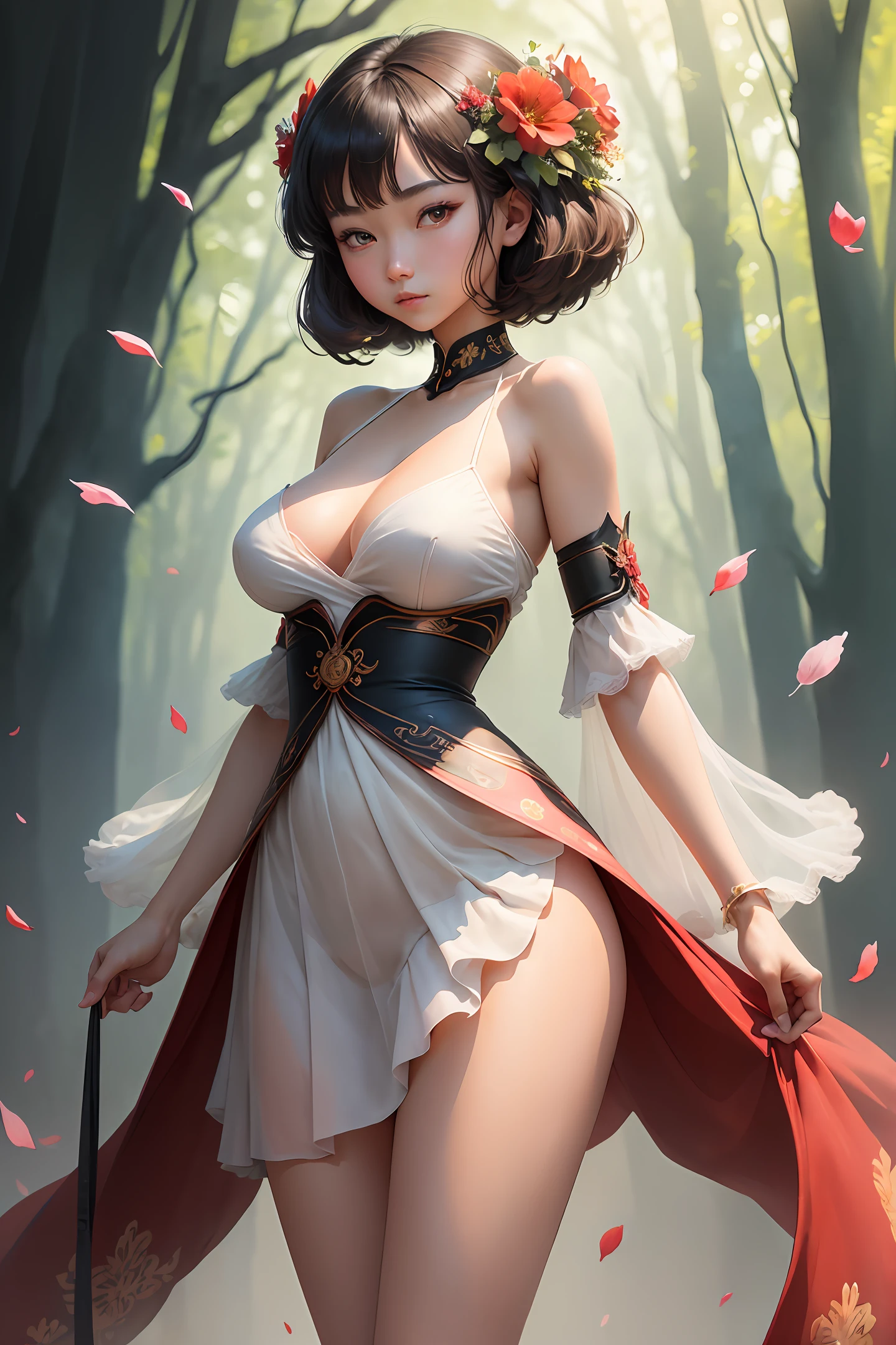 (Masterpiece: 1.2, Best), (Linglong Eyes: 1.2), ((1girl)), ((solo)), (Red Eyes: 1.4), (Linglong Eyes: 1.3), (Beautiful and Clear Background: 1.2) , (very detailed CG, super detailed, best shadows: 1.1), ((depth of field)), ((watercolor)), (oni: 1.5), (long group: 1.3), big boobs, bare shoulders, Flowers and petals, beautiful concept art, (forest background: 0.5), (illustration: 1.1), (extremely delicate: 1.1), (perfect detail: 1.1), silhouettes, cowboy shots,