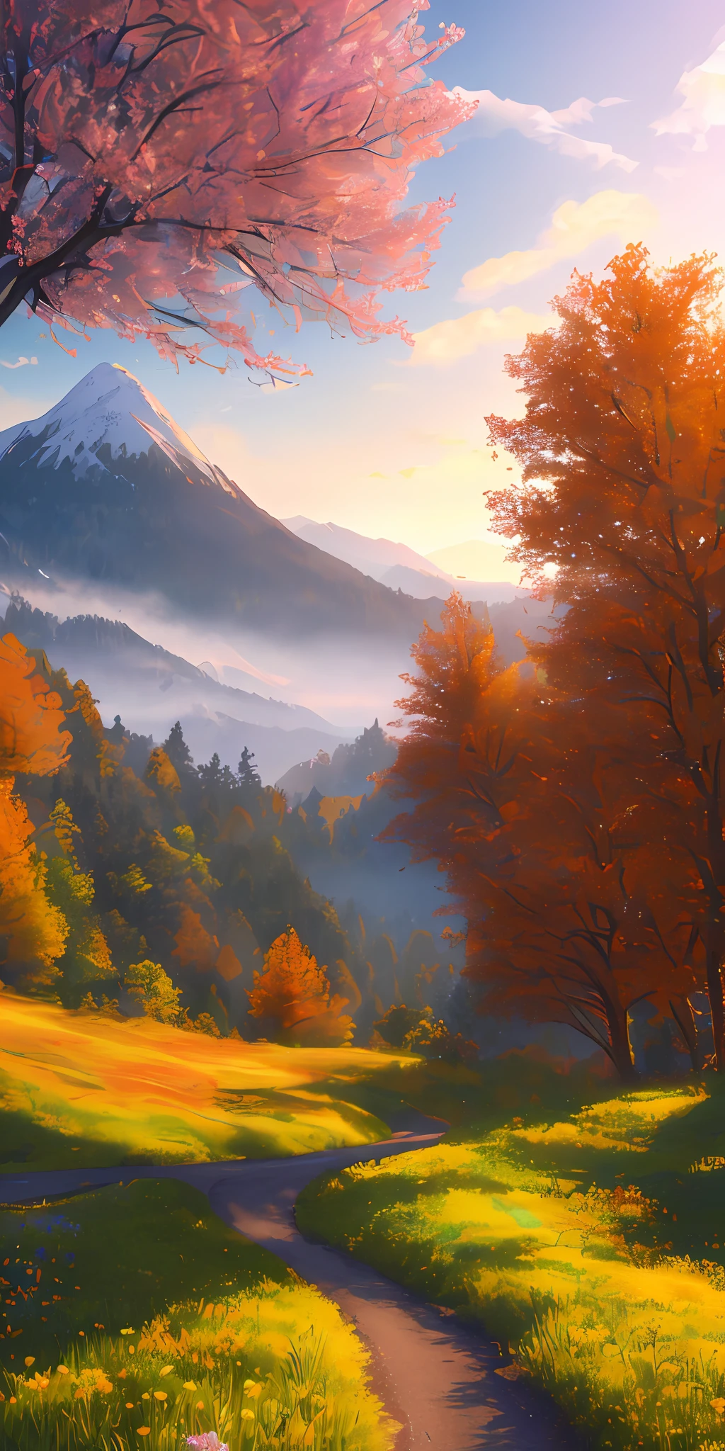 Masterpiece, best quality, high quality, highly detailed CG unity 8k wallpaper beautiful landscape oil painting, award winning photography, bokeh, depth of field, HDR, bloom, chromatic aberration, photorealism, highly detailed, trending on artstation, on CGsociety Trending, intricate, high detail, dramatic, midjourney art and masterpiece, best quality, high quality, extremely detailed CG unity 8k wallpaper lush summer landscape with rolling green hills stretching towards the horizon, dotted with pink, yellow wildflowers, and purple, volumetric lighting and a masterpiece, best quality, high quality, extremely detailed CG unity 8k wallpaper of a serene autumn landscape surrounded by trees in shades of golden yellow, fiery red and burnt orange. The crisp air is laced with the sweet aroma of fallen leaves and wood smoke. The ground is covered with a warm layer of leaves that rustle underfoot. In the distance, a misty mountain rises, volumetric lighting and masterpiece, best quality, high quality, extremely detailed CG unity 8k wallpaper breathtaking winter landscape covered in a snowy mantle creating a shimmering A world of glowing white and cool blue. Tall evergreen trees are tall and proud, their branches are crushed by heavy snow, volumetric lighting and masterpiece, best quality, high quality, extremely detailed CG unity 8k wallpaper a vibrant spring landscape full of new life and colors. Rolling hills covered in a green carpet, dotted with delicate wildflowers in shades of pink, purple and yellow, stereoscopic lighting