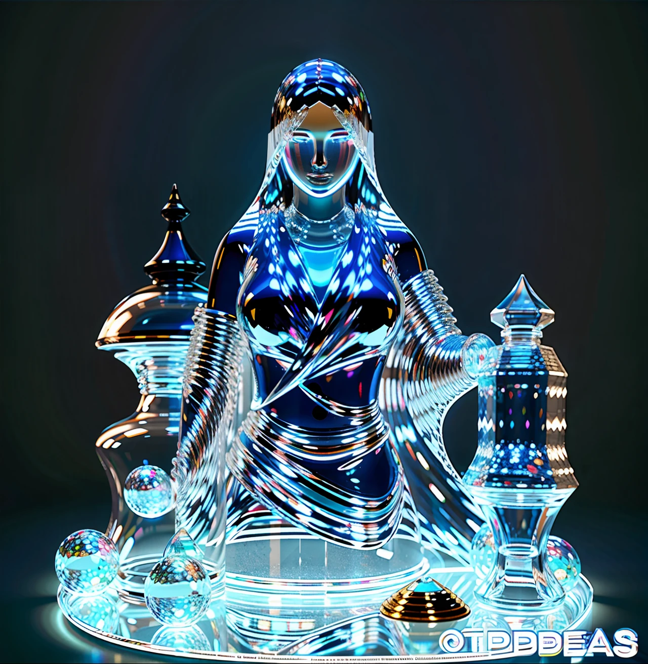 Glass artwork, girl bust, transparent glass, 70% transparency, desk, light through glass, 3D ray tracing, game engine rendering