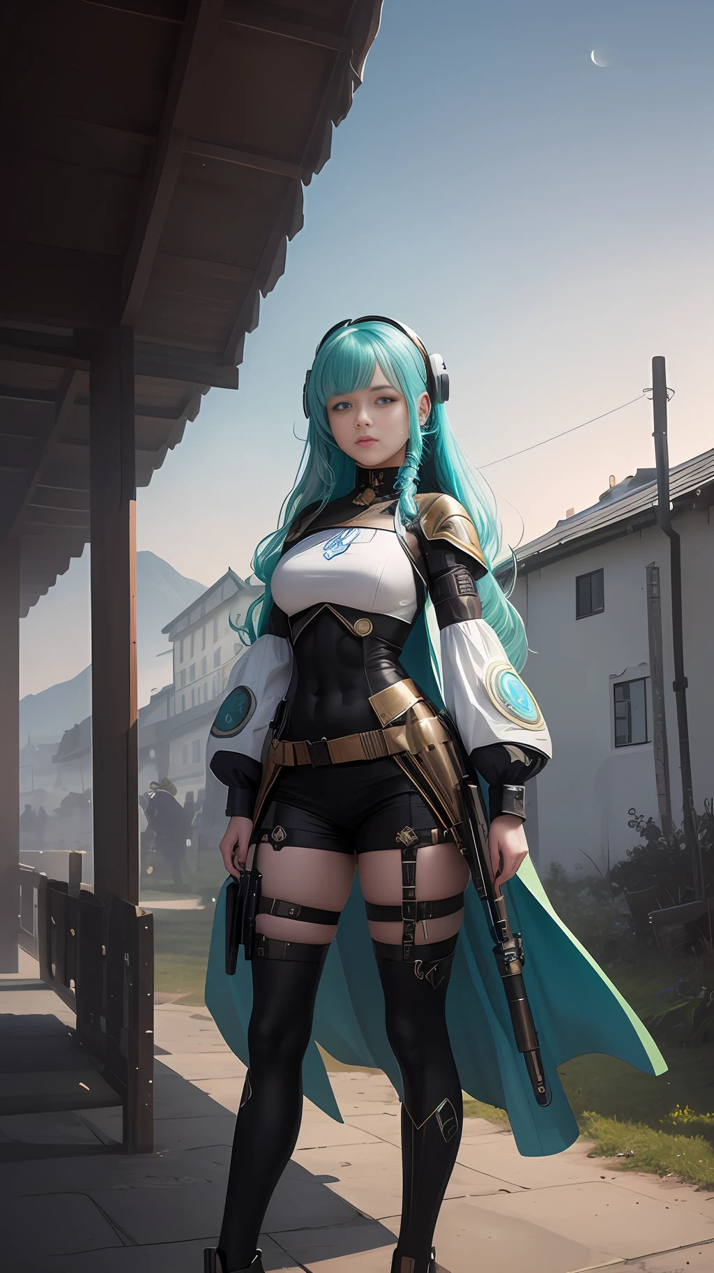 (masterpiece), (best_quality), (ultra-detailed), (illustration), (welcoming), depth of field, 1girl, (magical solarpunk bot weaponsmith:1.3), (on the Norwegian moon:1.3), full body, deep blue-green hair, parted bangs, lipstick, long eyelashes, , deep red eyes, pose, [:creative costume design:0.2], , medium breasts, wide hips, narrow waist, hourglass figure,, (wizard outfit, clothes lift:1.2), korean, official art, vivid color, finely detailed, hyper detailed, 8k, high resolution illustration, absurdres, intricate detail