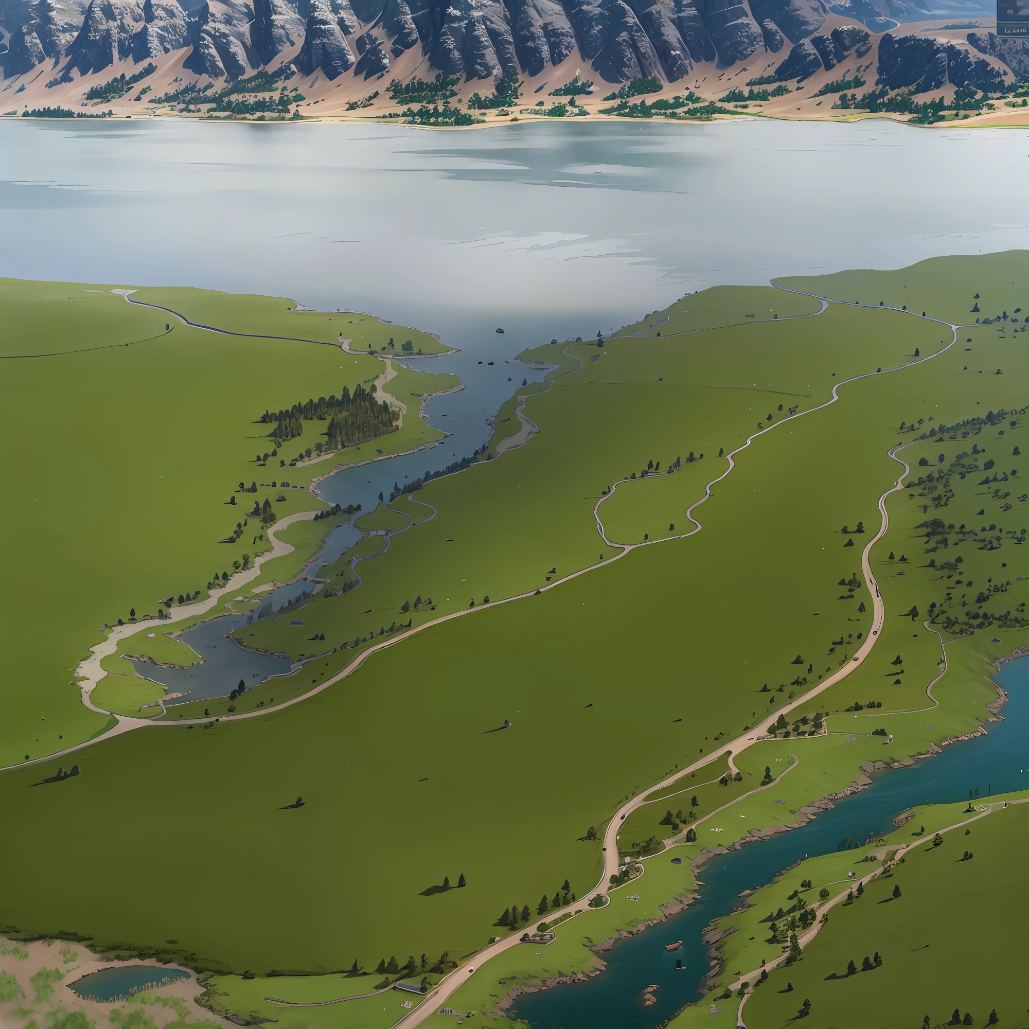 araffes in a field with a river and a forest, steam workshop maps, no trees, hyper detailed, zoom out very far, game map, grassy plains, coastline, highly detailed terrain, an expansive grassy plain, entire city visible, detailed scenery — Width 672, highly detailed maps, simple fantasy maps, r/battlemaps, detailed terrain, rock walls of river channels