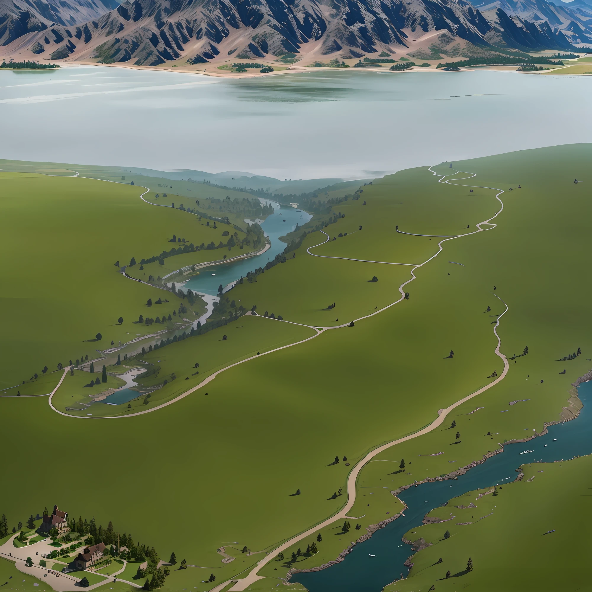araffes in a field with a river and a forest, steam workshop maps, no trees, hyper detailed, zoom out very far, game map, grassy plains, coastline, highly detailed terrain, an expansive grassy plain, entire city visible, detailed scenery — Width 672, highly detailed maps, simple fantasy maps, r/battlemaps, detailed terrain, rock walls of river channels