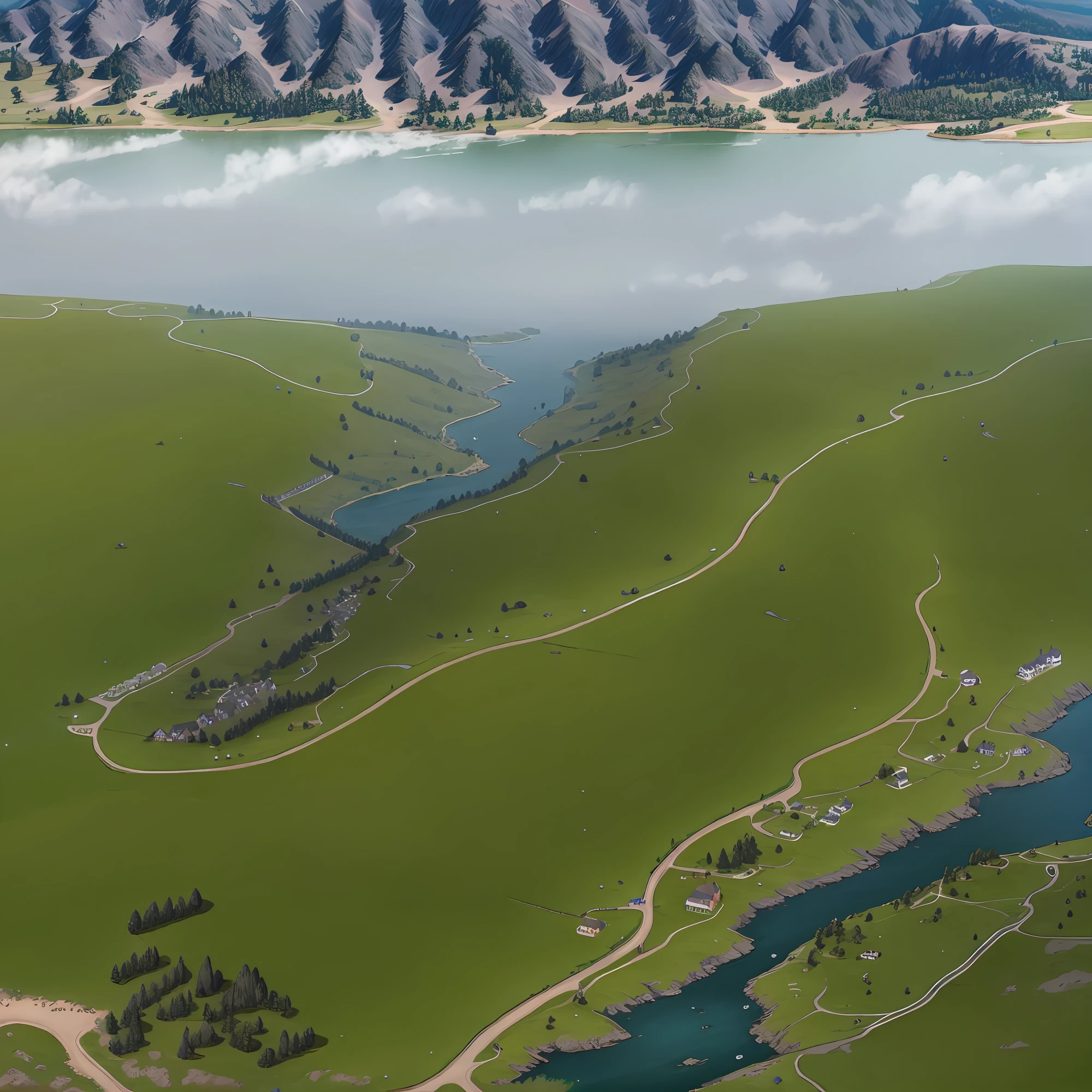 araffes in a field with a river and a forest, steam workshop maps, no trees, hyper detailed, zoom out very far, game map, grassy plains, coastline, highly detailed terrain, an expansive grassy plain, entire city visible, detailed scenery — Width 672, highly detailed maps, simple fantasy maps, r/battlemaps, detailed terrain, rock walls of river channels
