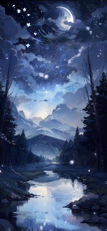 a painting of a river with stars and a moon in the sky, concept art inspired by Tosa Mitsuoki, pixiv contest winner, fantasy art, beautiful anime scene, moonlit starry sky environment, painting of a dreamscape, anime background art, dream scenery art, dreamy night, anime background, background artwork, dreamy art, atmospheric anime, stary sky