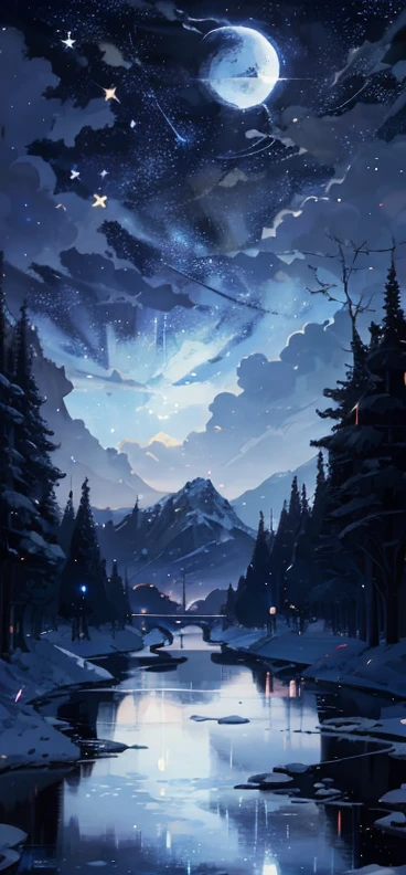 a painting of a river with stars and a moon in the sky, concept art inspired by Tosa Mitsuoki, pixiv contest winner, fantasy art, beautiful anime scene, moonlit starry sky environment, painting of a dreamscape, anime background art, dream scenery art, dreamy night, anime background, background artwork, dreamy art, atmospheric anime, stary sky
