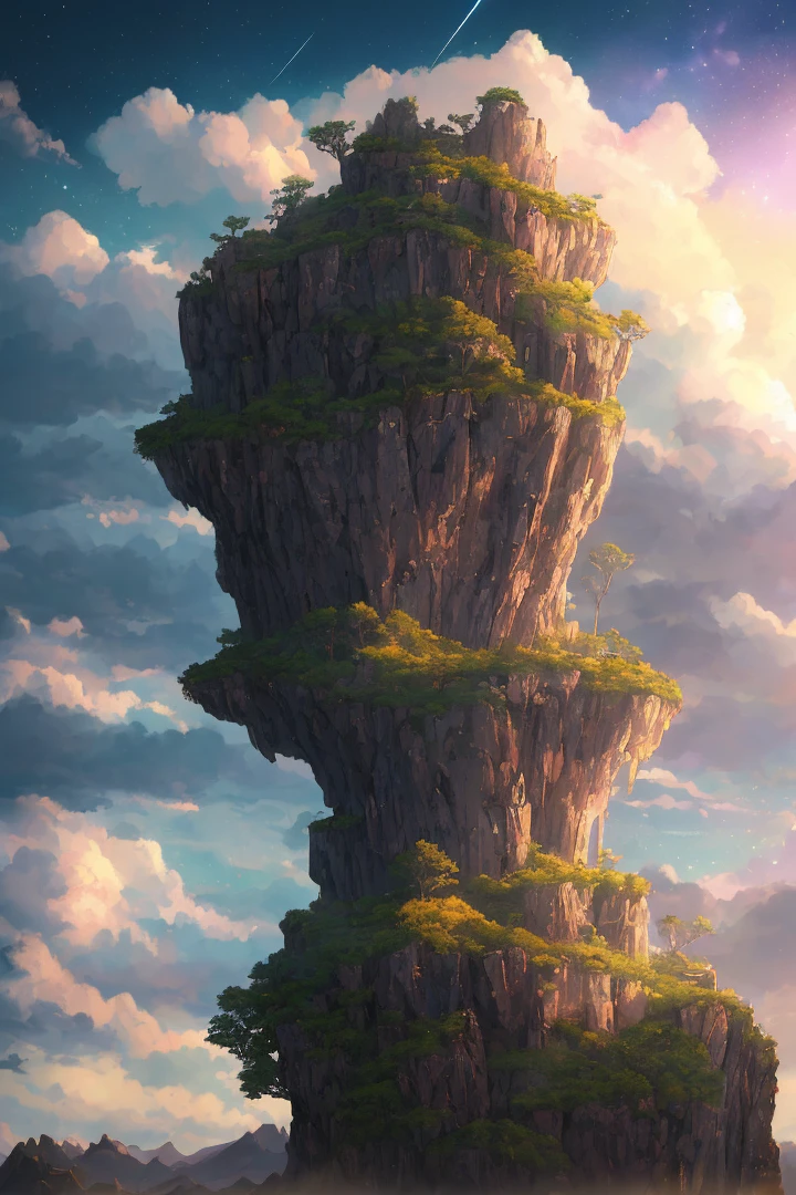 Masterpiece, best quality, high quality, landscape, outdoor, sky, cloud, sky, no humans, mountain, landscape, other planet, extraterrestrial, space, planet, tree, cliff, sand dunes, cloudy skies, colorful sky, aurora, alien, surreal, bokeh, depth of field, HDR, bloom, chromatic aberration, photorealism, very detailed, technicolor, trending on artstation, trending on CGsociety, intricate, high detail, dramatic, midjourney art, in anime style