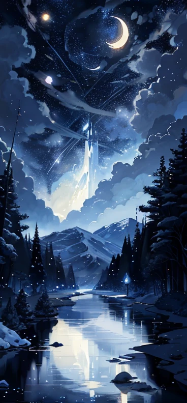 A painting of a river with stars and moon in the sky, concept art inspired by Tosa Mitsuoki, pixiv contest winner, bright. fantasy art, beautiful anime scenes, moonlit starry environment, dream painting, anime background art, fantasy landscape art, dreamy night, anime backgrounds, background artwork, dreamy art, atmospheric anime, starry sky