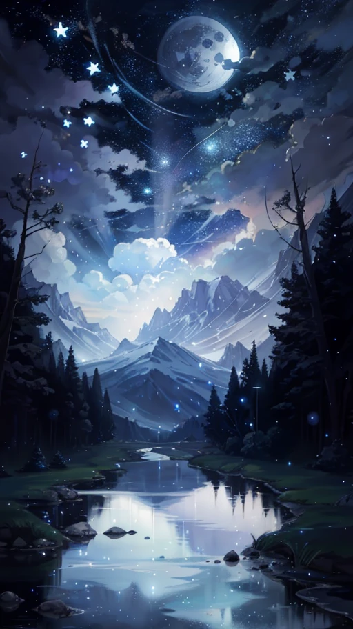 A painting of a river with stars and moon in the sky, concept art inspired by Tosa Mitsuoki, pixiv contest winner, best quality, fantasy art, beautiful anime scene, a bright moon, moonlit starry environment, dream painting, Anime Background Art, Fantasy Landscape Art, Fantasy Night, Anime Background, Background Artwork, Fantastic Art, Atmospheric Anime, Starry Sky, Detail Enhanced.