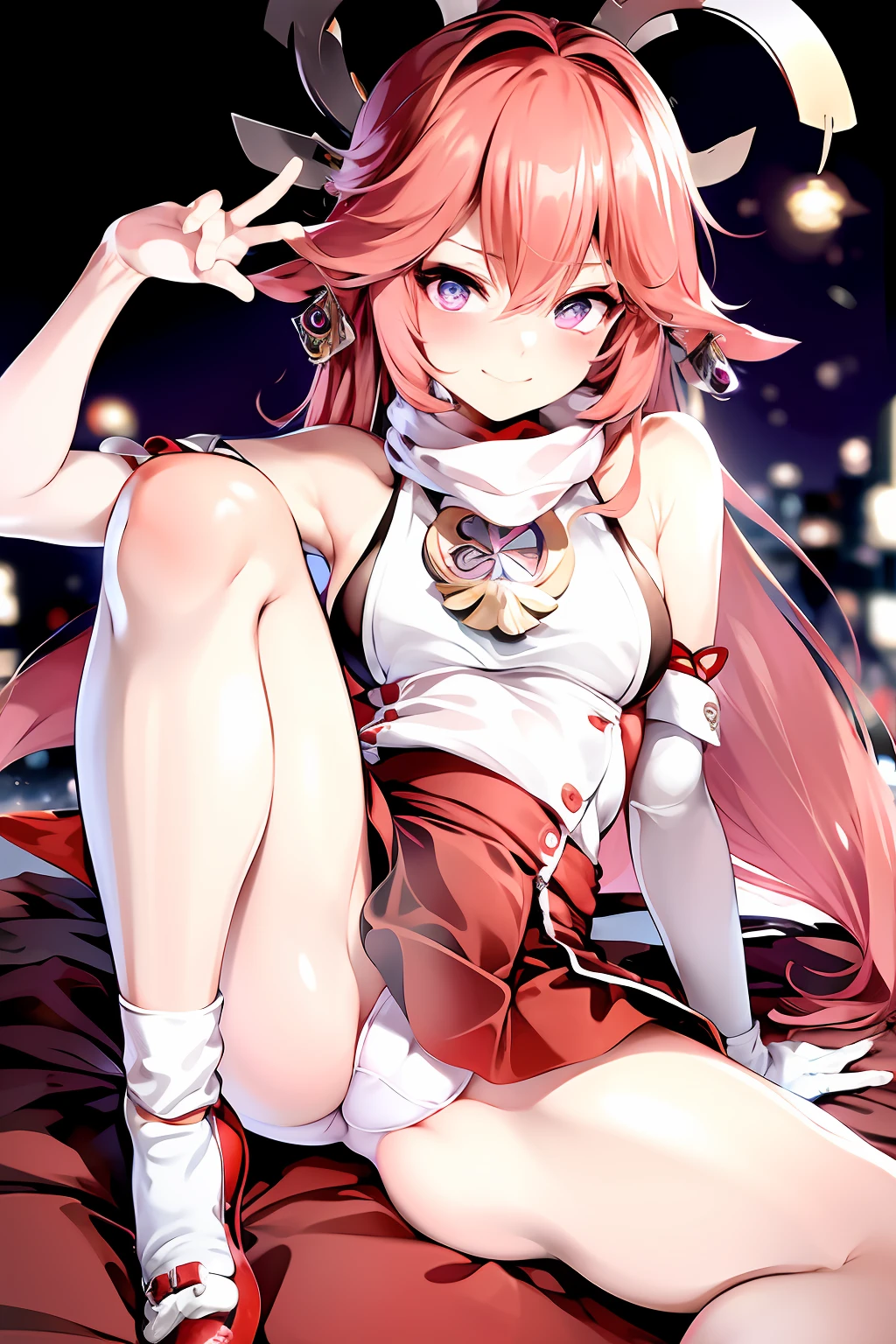 Extremely realistic. Super high resolution and best quality. An extremely beautiful girl with purple eyes looking at the viewer, slender legs, shy. The picture is an urban space, under the movie lights at night, the picture elements include: sailor collar, crop top, scarf, miniskirt, pleated skirt, highleg underwear, striped stockings, bunny ears, elbow gloves, shoes, pov crotch Mouth, Thigh Focus. Character elements include YaeMiko, Yae Sakura: 1.3. Realism required: 1.4, use ulzzang-6500-v1.1:0.66.