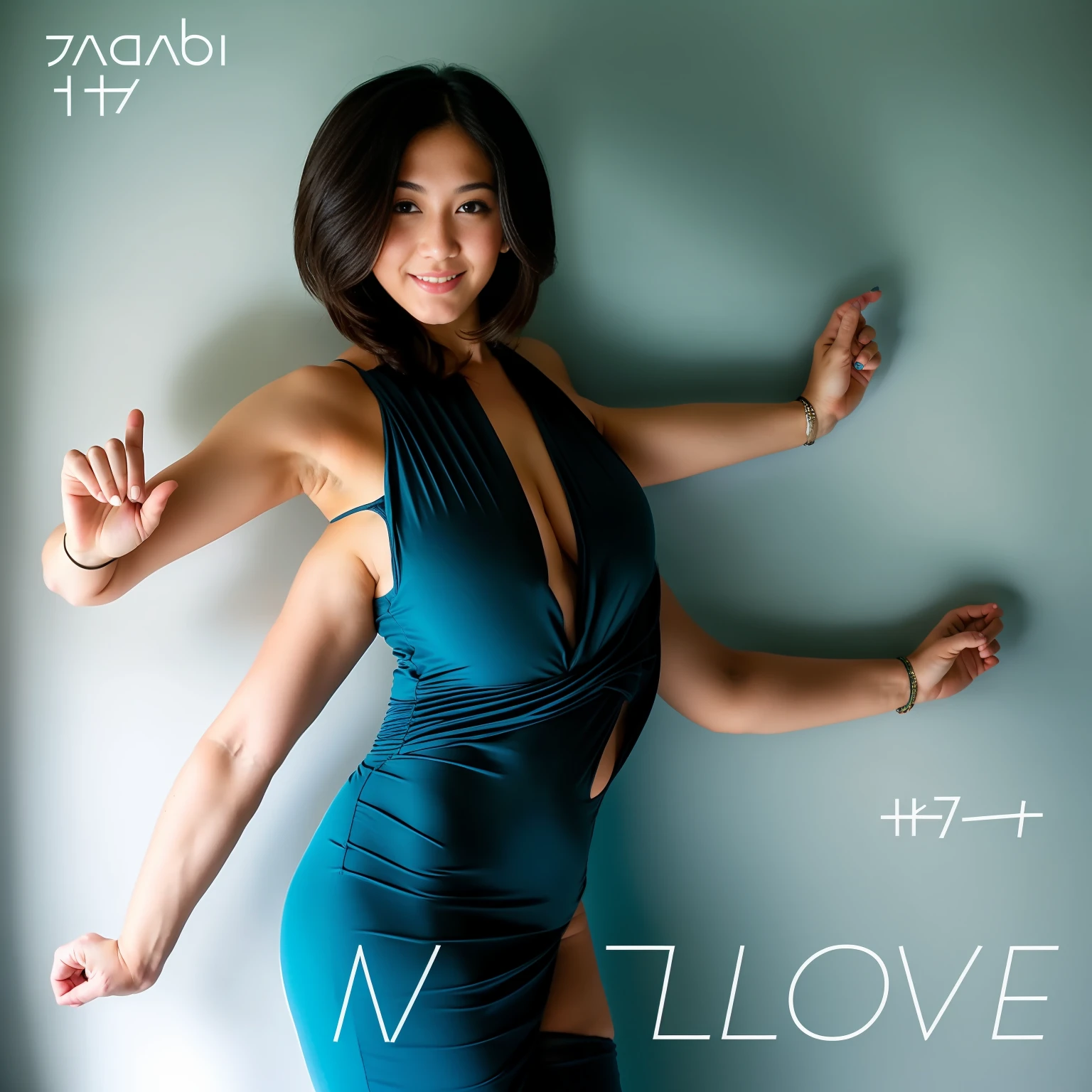 2heads, Extra arms, a woman posing for a picture, blue bra, curvy arms, incredibly beautiful, strong pose, very beautiful, arms to the side, 4 arms and 2 legs!, curvy arms, multiple arms, armpits fused to shoulders, normal hands, slender body, identical faces, 21 years old, upper body shoot, japanese