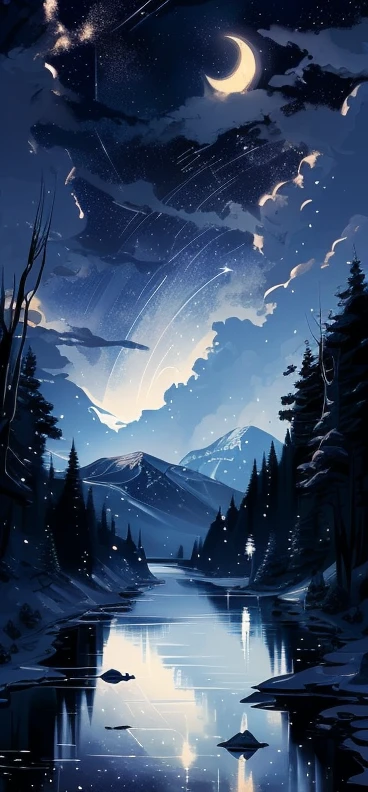 Starry night scene with lake and mountains in the background, jen bartel, crescent moon, background artwork, stunning art style, landscape artwork, beautiful art uhd 4k, inspired by Christopher Balaskas, winter concept art, inspired by Cyril Rolando, dan mumford and thomas kinkade, dan mumford and albert bierstadt, beautiful artistic illustrations, detailed digital paintings, bright,