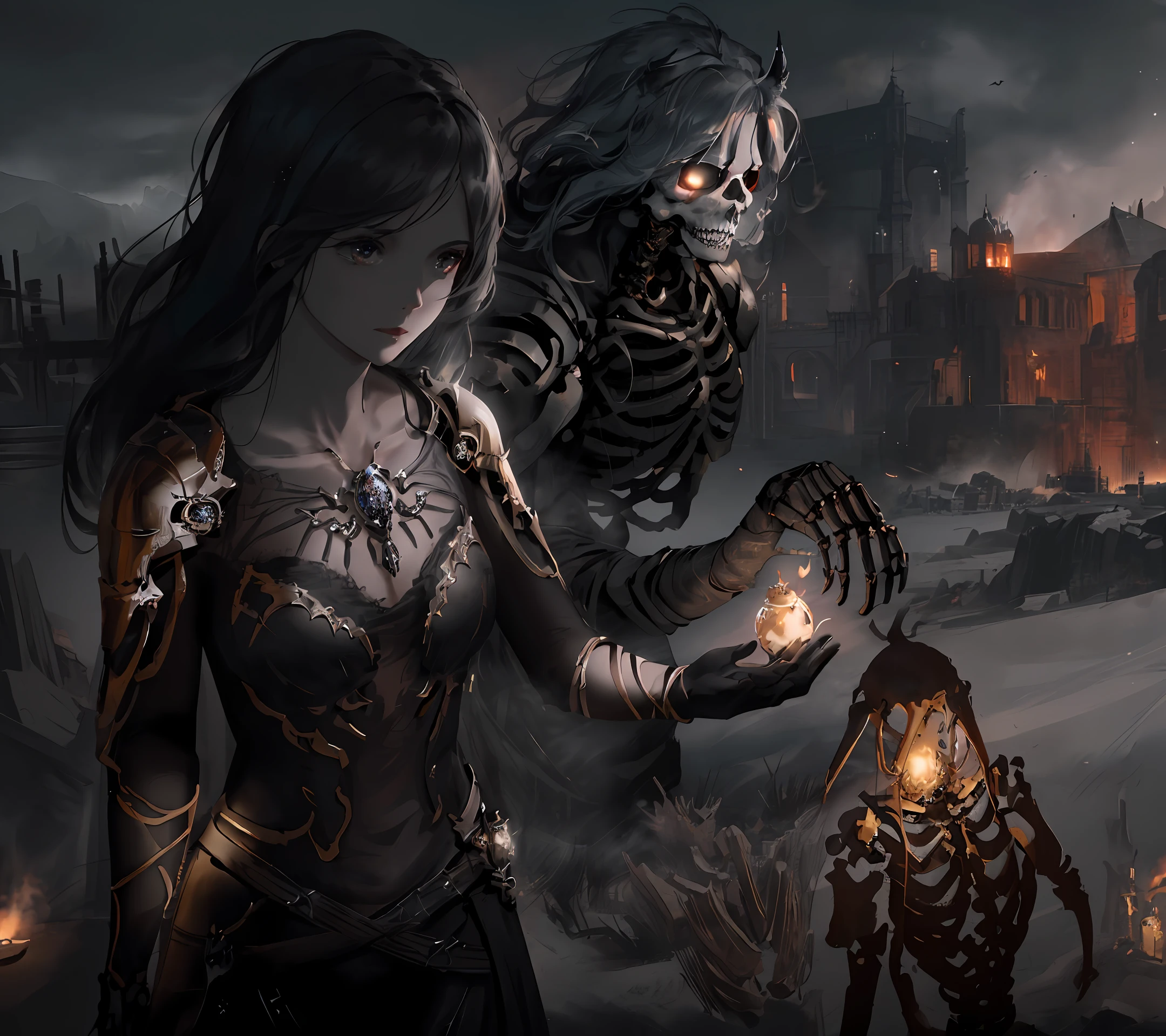 [hyper realistic:(unreal engine):realistic:,0.5,0.99], beautiful 1 skeleton,(beautiful and exquisite face),(Sky), (dark magic: 1.2), (skeleton anthropomorphic),(necromancer), hell flames, oiled skin, upper body, looking at viewer, long messy hair, (red-black clothes), (volumetric lighting), atmospheric perspective, dust particles, light axis, (e_foxy: 0.7), m_wlop, (e_landscape: 0.7 )