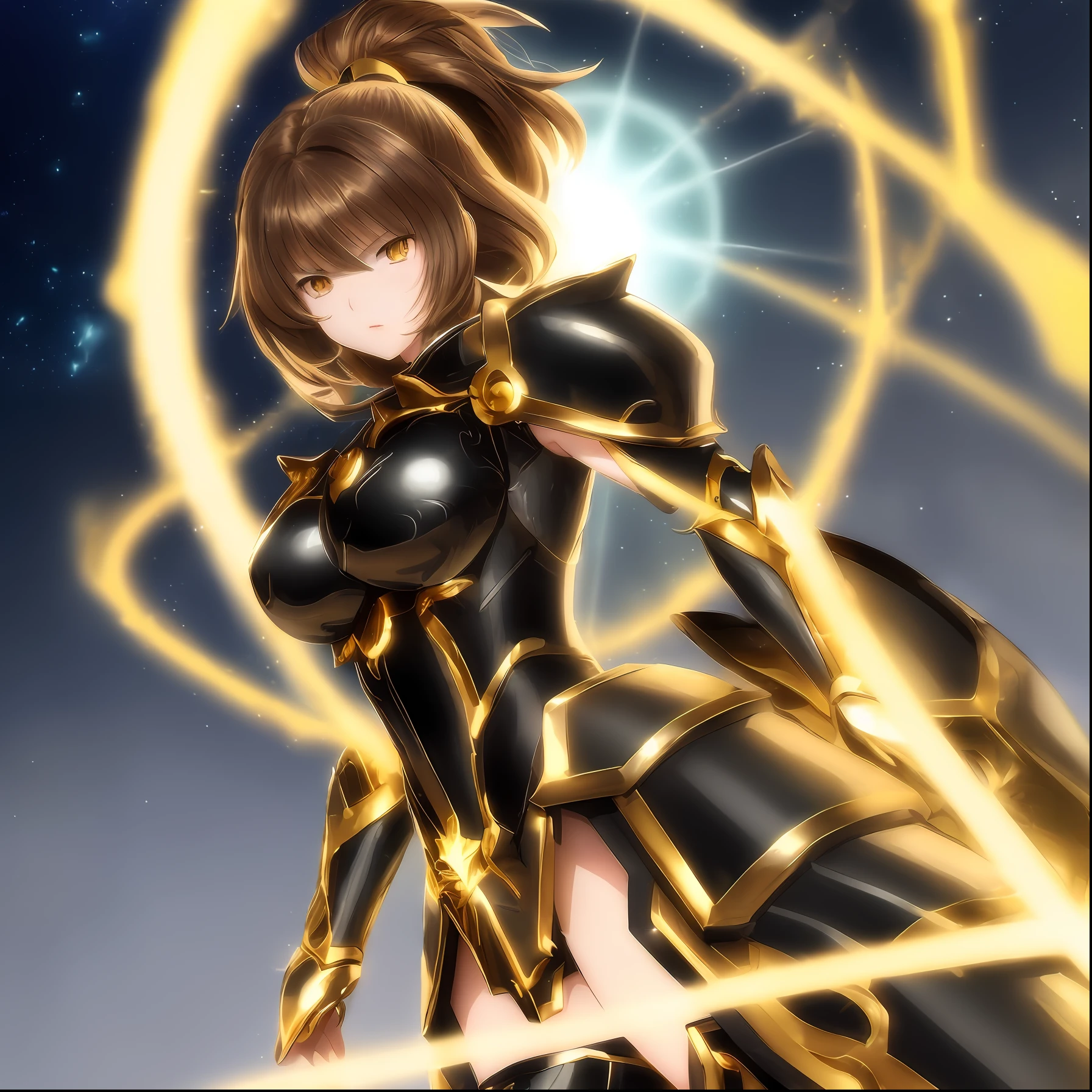 sexy anime girl, cute eyes, style saint seiya, black armor Tauro girl, very high quality, gold aura, brown hair, short messy hair, details bioluminescens, shining golden, dynamic pose, angry, large breasts,